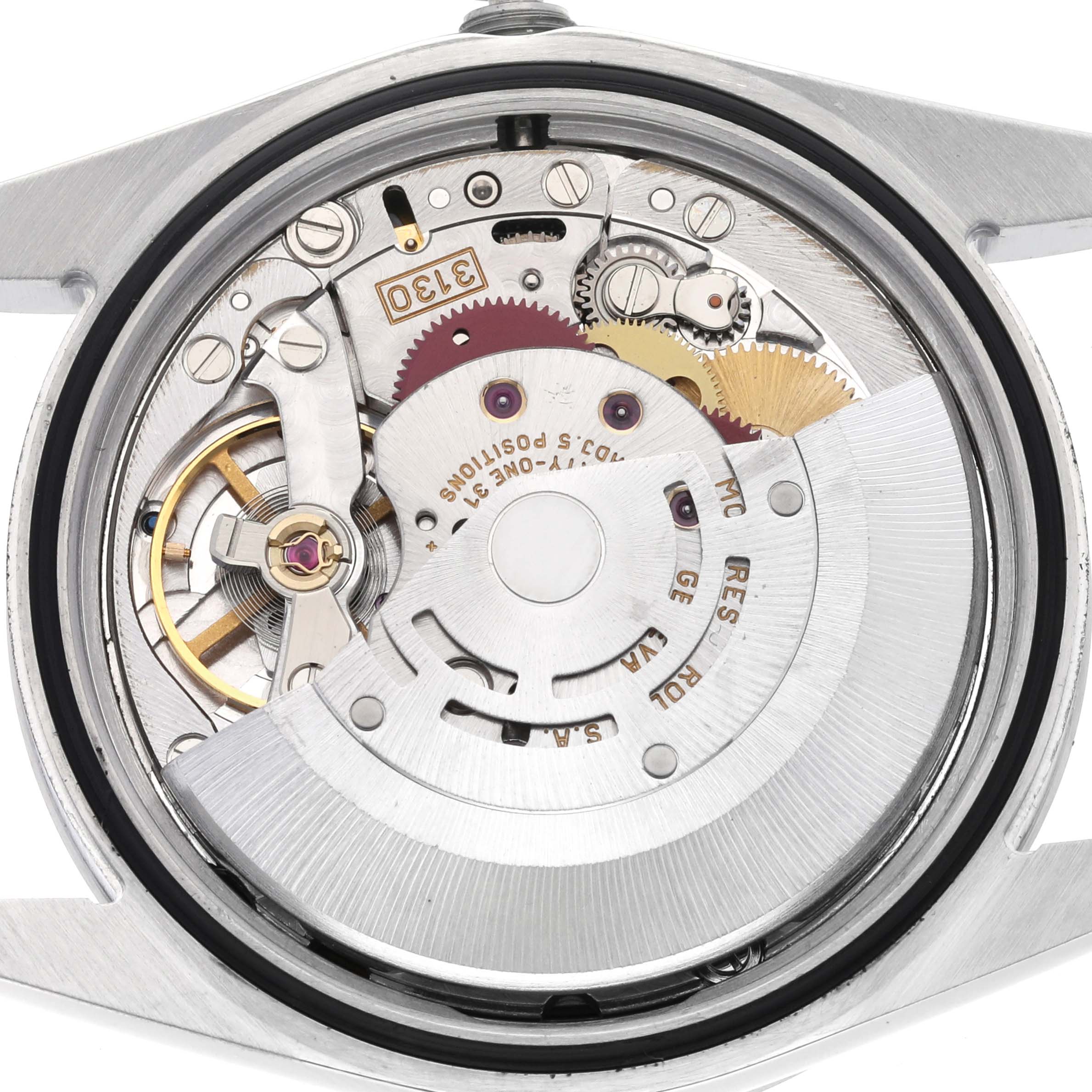 The image shows the movement of a Rolex Explorer 114270 Men
s Stainless Steel Black Dial 114270 Men
s Stainless Steel Black Dial watch viewed from the back, highlighting the intricate mechanics inside.