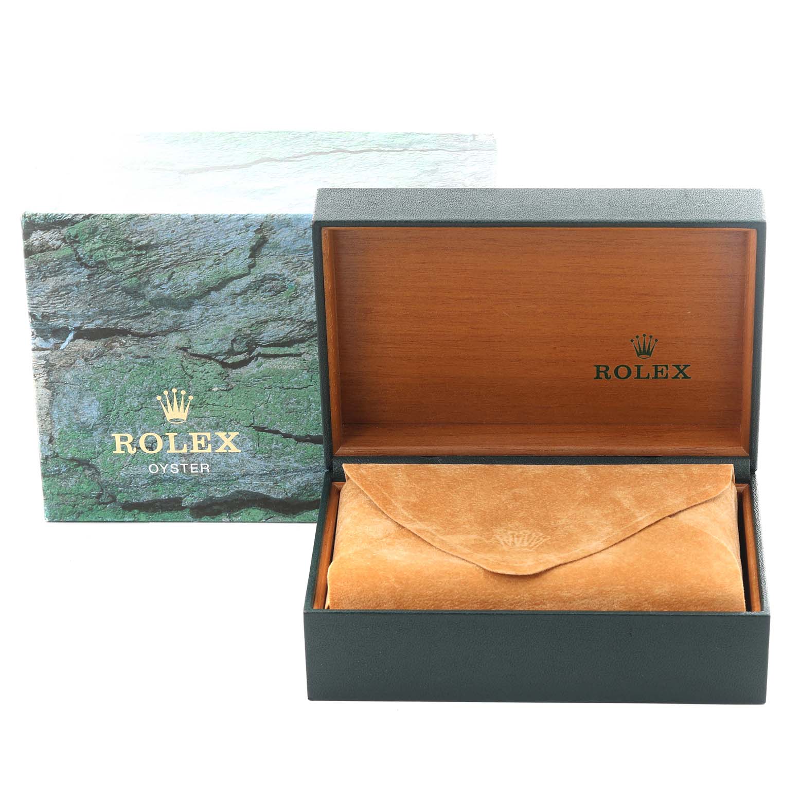 The image shows a Rolex Explorer 114270 Men
s Stainless Steel Black Dial 114270 Men
s Stainless Steel Black Dial watch box and pouch, partially open with packaging visible.