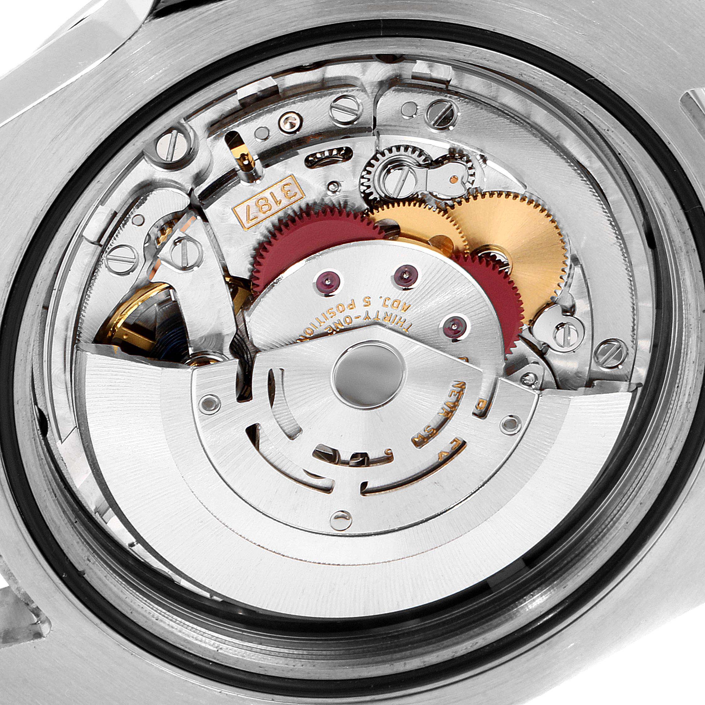 The image shows the internal mechanical movement of a Rolex Explorer 216570 Men
s Stainless Steel Black Dial 216570 Men
s Stainless Steel Black Dial watch viewed from the caseback.