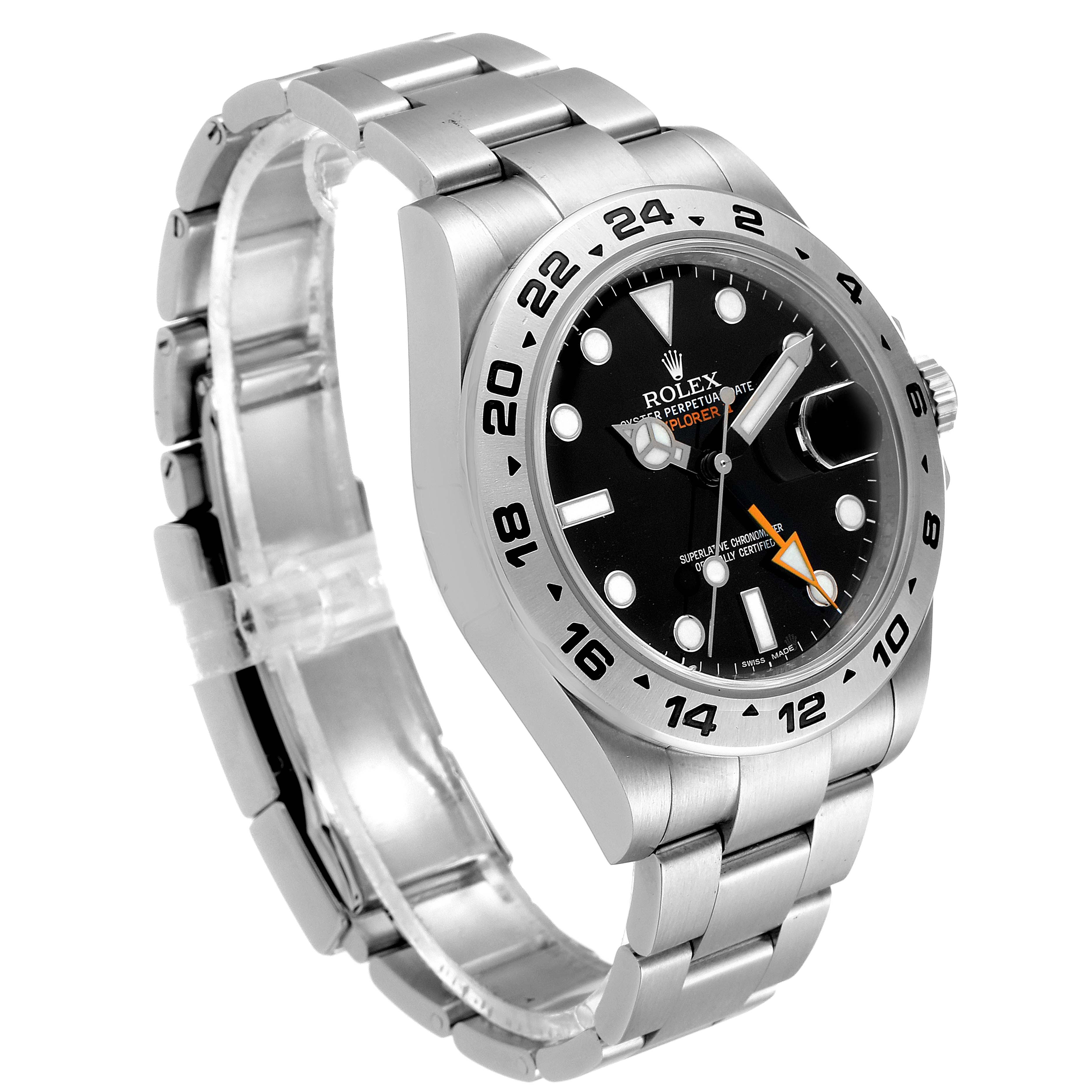 The Rolex Explorer 216570 Men
s Stainless Steel Black Dial 216570 Men
s Stainless Steel Black Dial watch is shown at an oblique angle, highlighting its face, bezel, and bracelet.