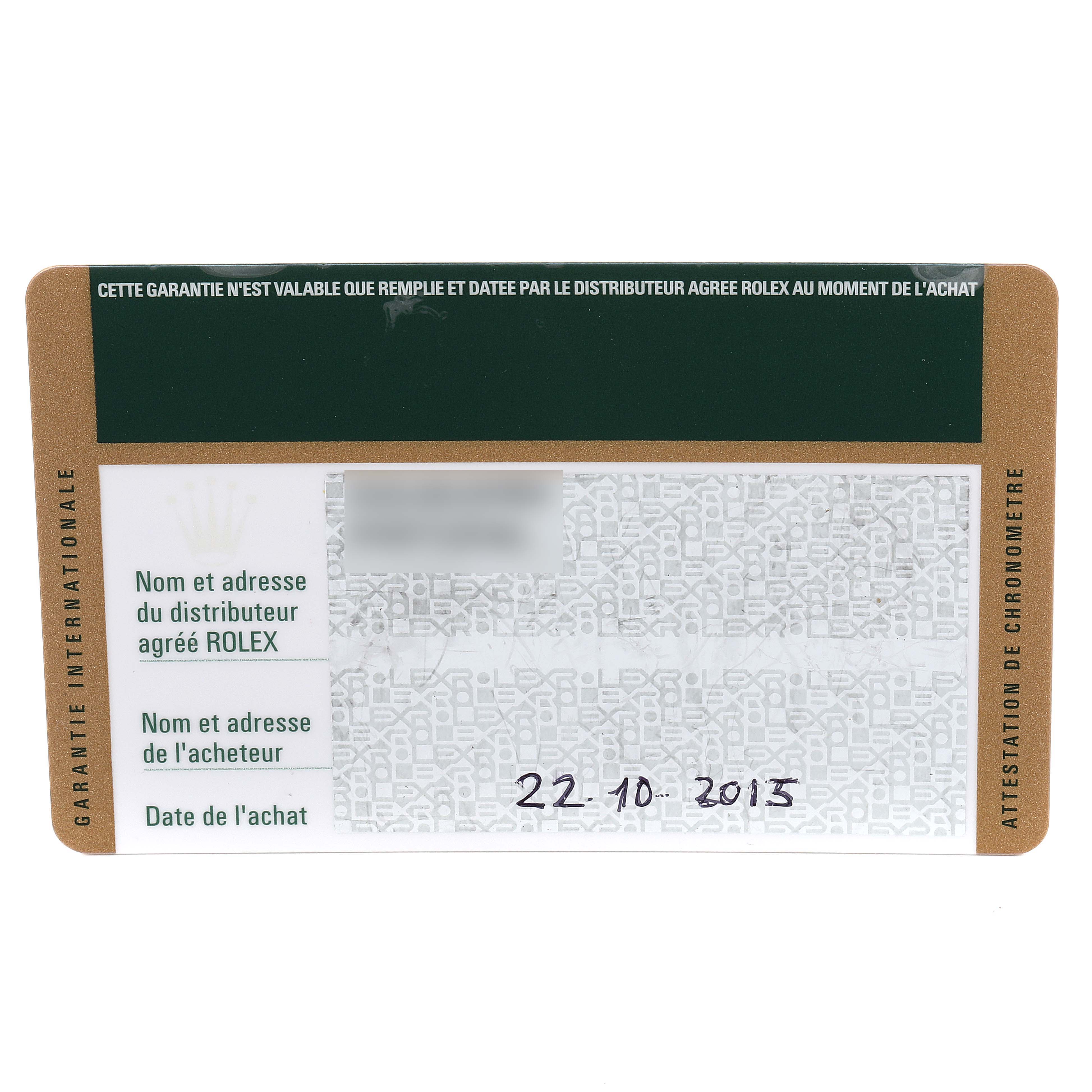 This image shows the international guarantee card for a Rolex Explorer 216570 Men
s Stainless Steel Black Dial 216570 Men
s Stainless Steel Black Dial model, featuring warranty information and purchase date.