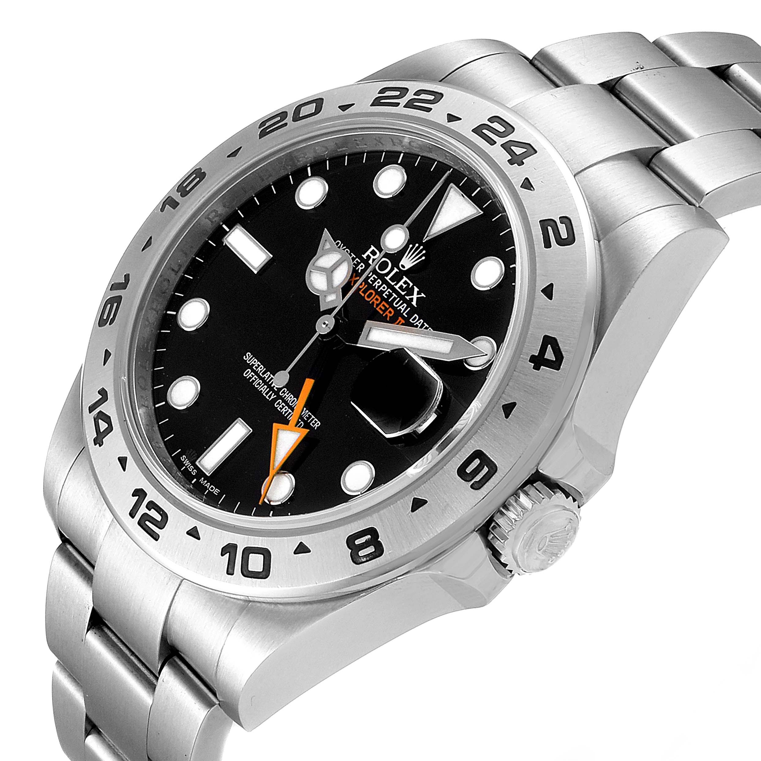 The image shows a Rolex Explorer 216570 Men
s Stainless Steel Black Dial 216570 Men
s Stainless Steel Black Dial watch from a side angle featuring the face, bezel, crown, and part of the band.