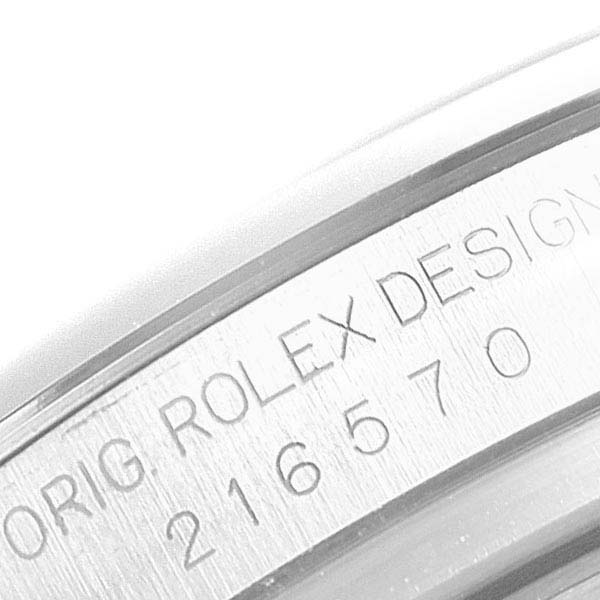 The image shows the side engraving of a Rolex Explorer 216570 Men
s Stainless Steel Black Dial 216570 Men
s Stainless Steel Black Dial watch, highlighting the model number "216570."