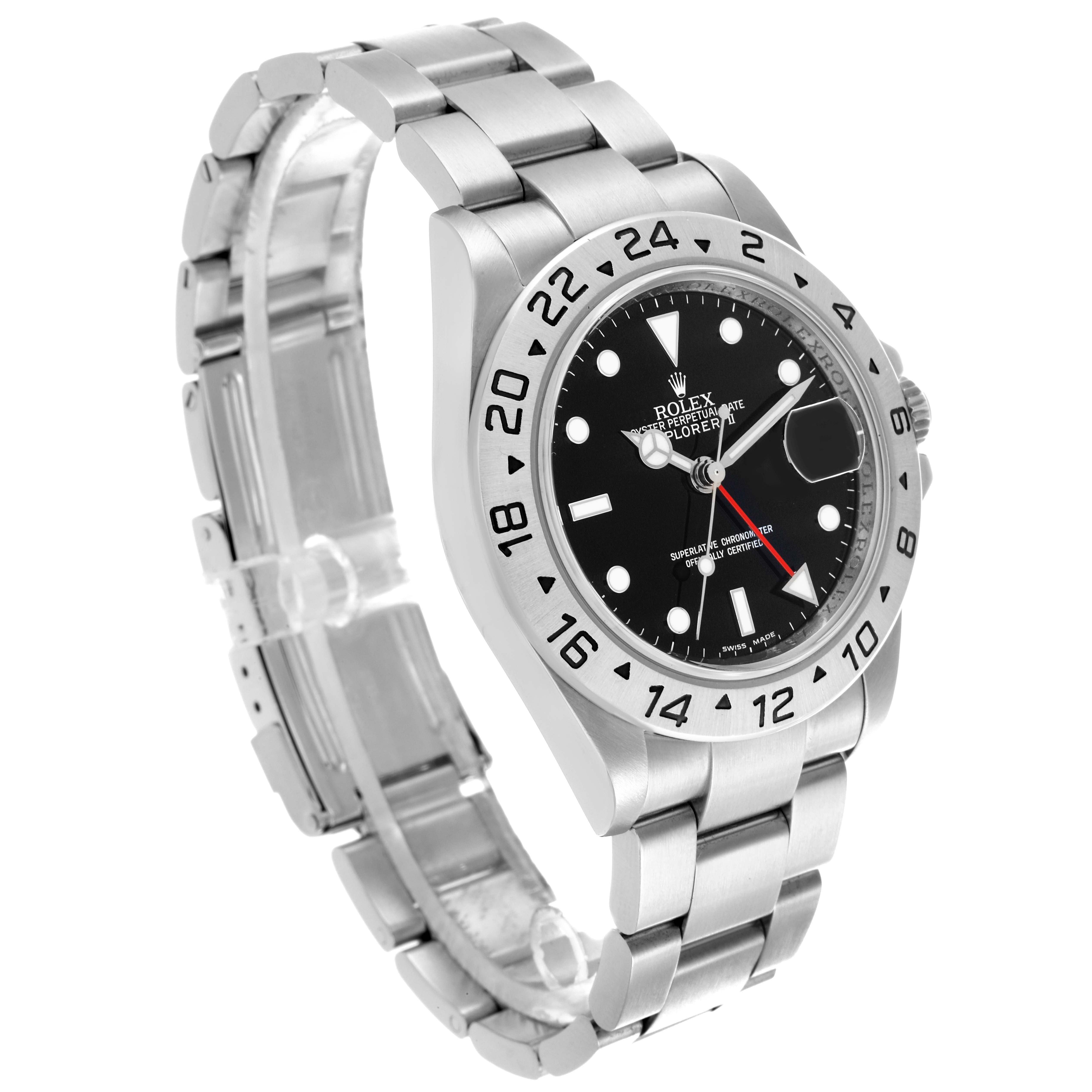 The Rolex Explorer 16570T Men
s Stainless Steel Black Dial 16570T Men
s Stainless Steel Black Dial watch is shown from a three-quarter angle, highlighting the bezel, dial, and part of the bracelet.