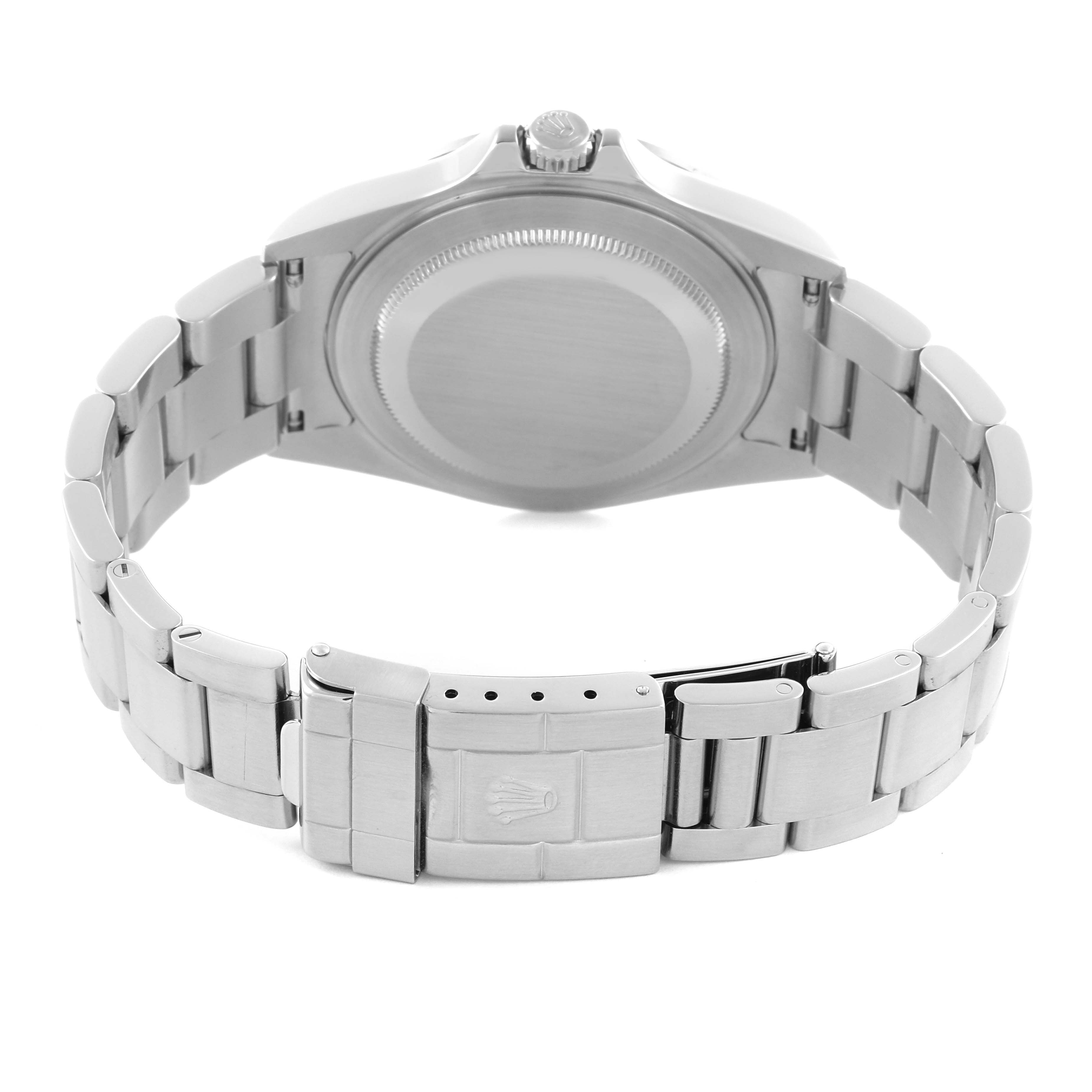 This image shows the back view of the Rolex Explorer 16570T Men
s Stainless Steel Black Dial 16570T Men
s Stainless Steel Black Dial watch, highlighting the case back and bracelet clasp.