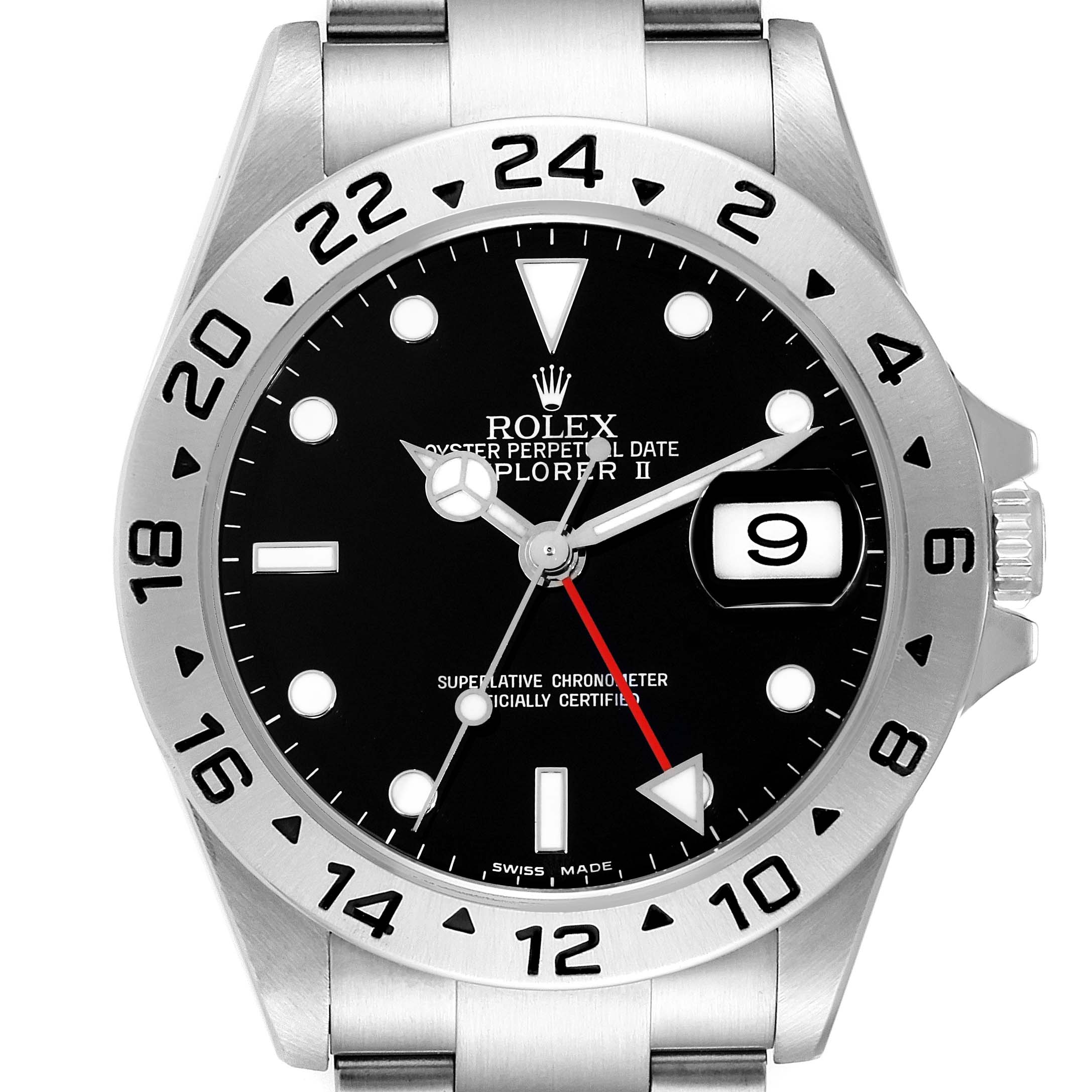 This image shows a frontal view of the Rolex Explorer 16570T Men
s Stainless Steel Black Dial 16570T Men
s Stainless Steel Black Dial watch, displaying the face, bezel, dial, and bracelet.