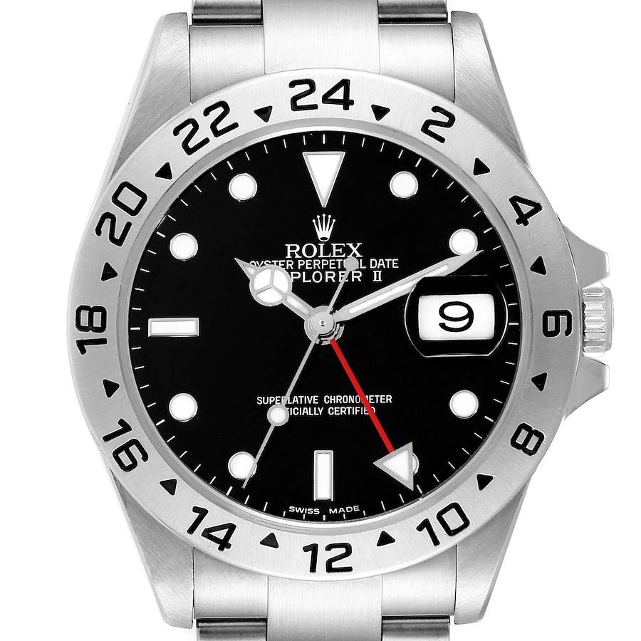 This image shows a frontal view of the Rolex Explorer II watch, displaying the face, bezel, dial, and bracelet.