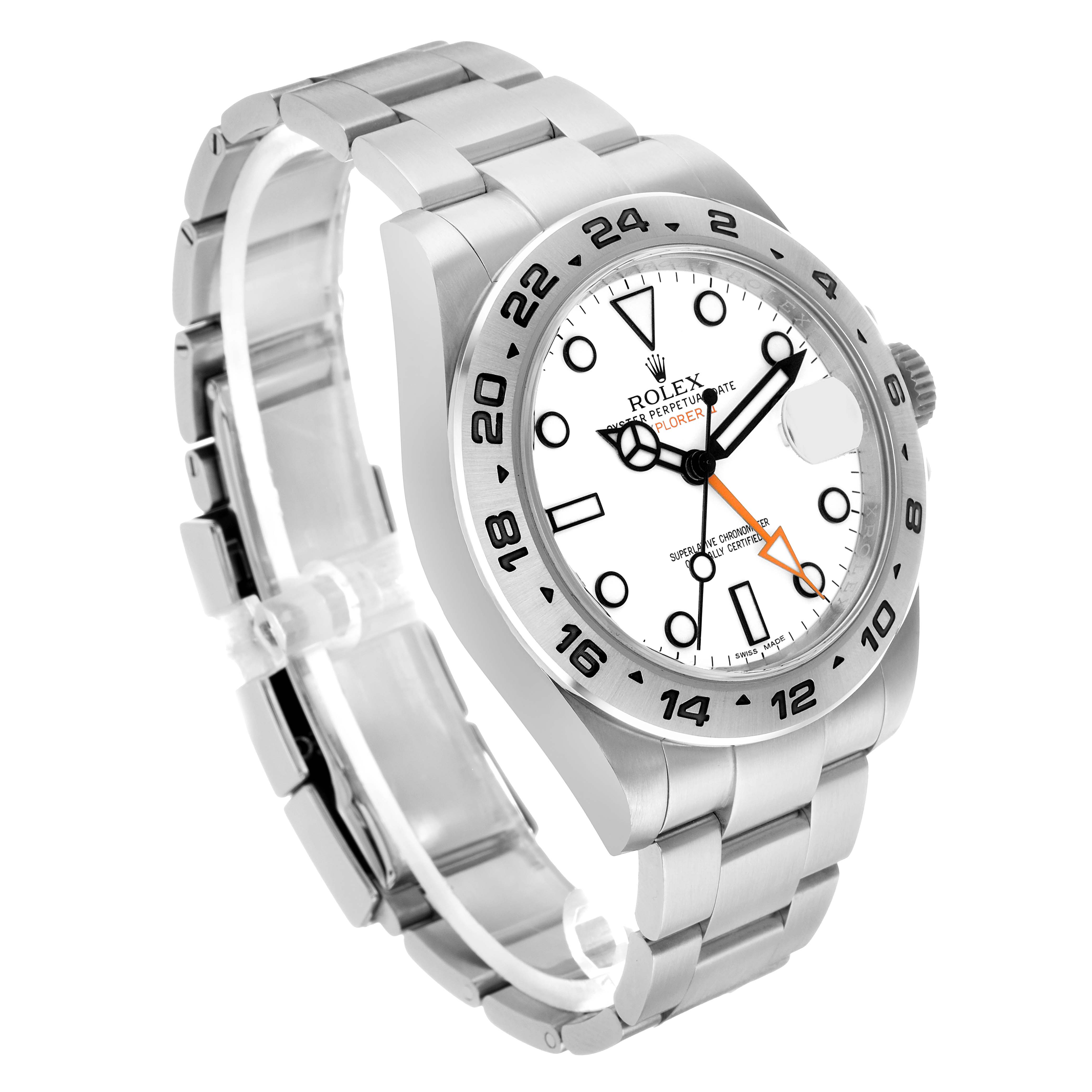 The Rolex Explorer 216570 Men's Stainless Steel White Dial watch is shown at a three-quarter angle, highlighting its face, bezel, bracelet, and crown.