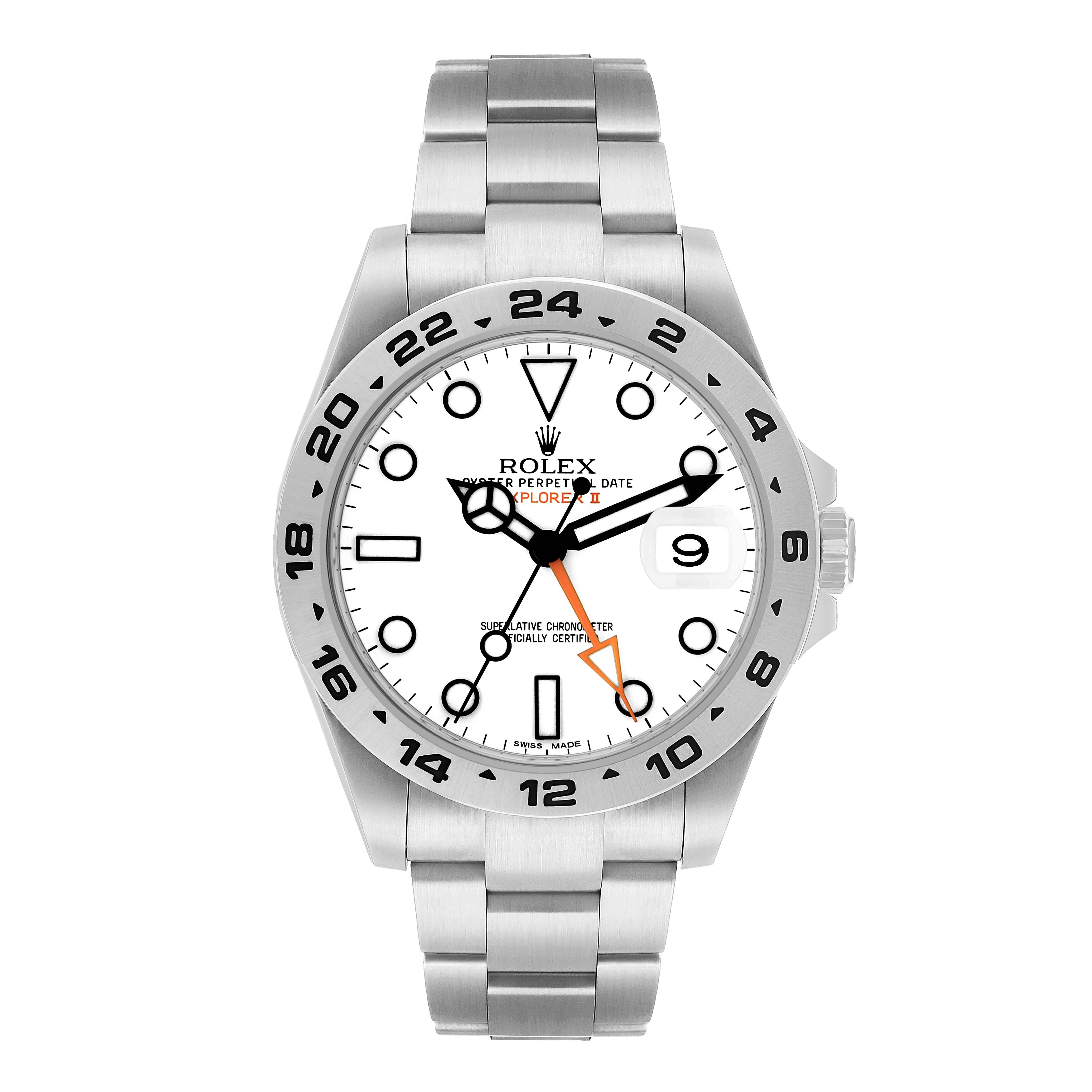 The Rolex Explorer 216570 Men's Stainless Steel White Dial model is shown from a front angle, displaying the dial, bezel, case, and bracelet.