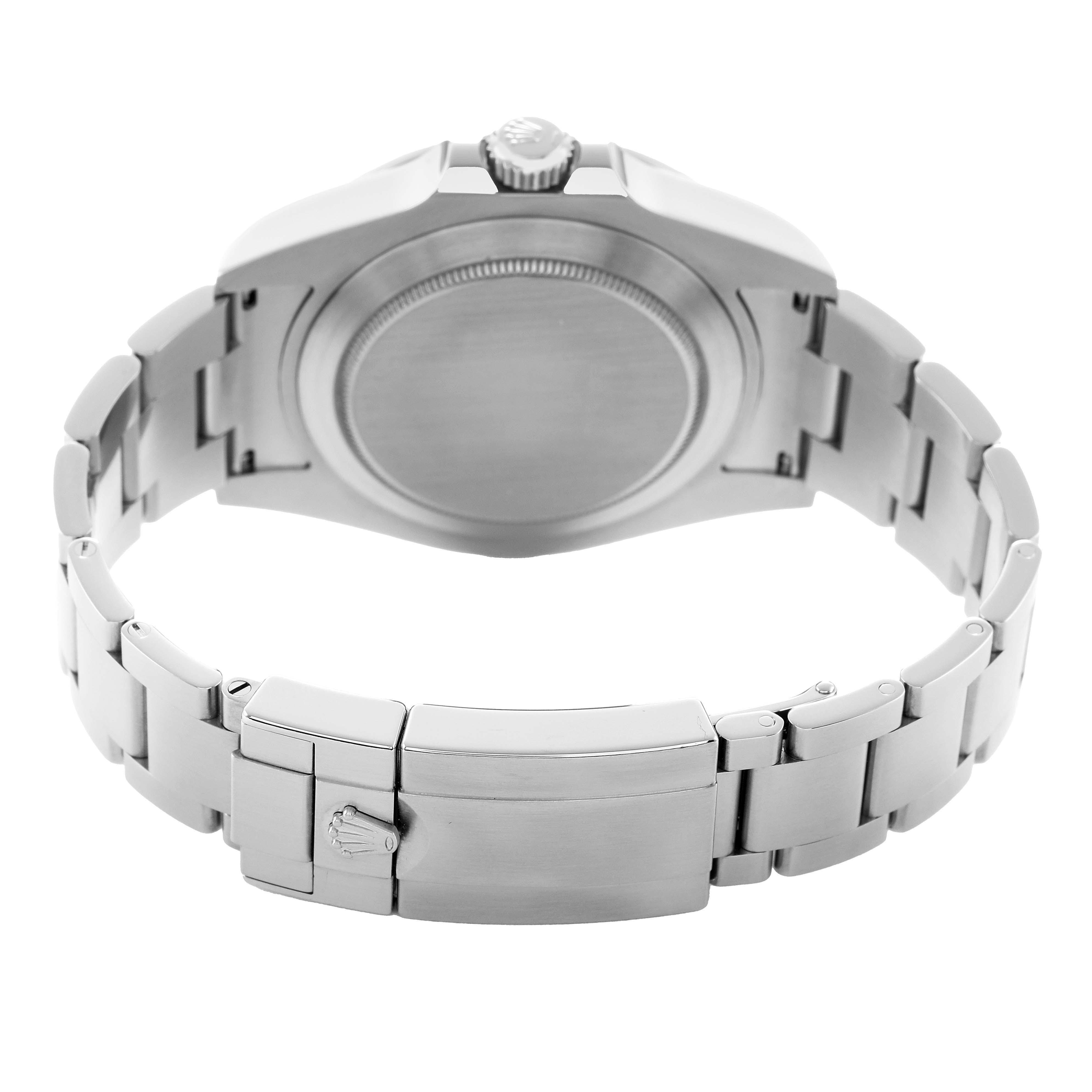 The image shows the back of the Rolex Explorer 216570 Men's Stainless Steel White Dial watch, highlighting the case back, bracelet, and clasp from a rear angle.