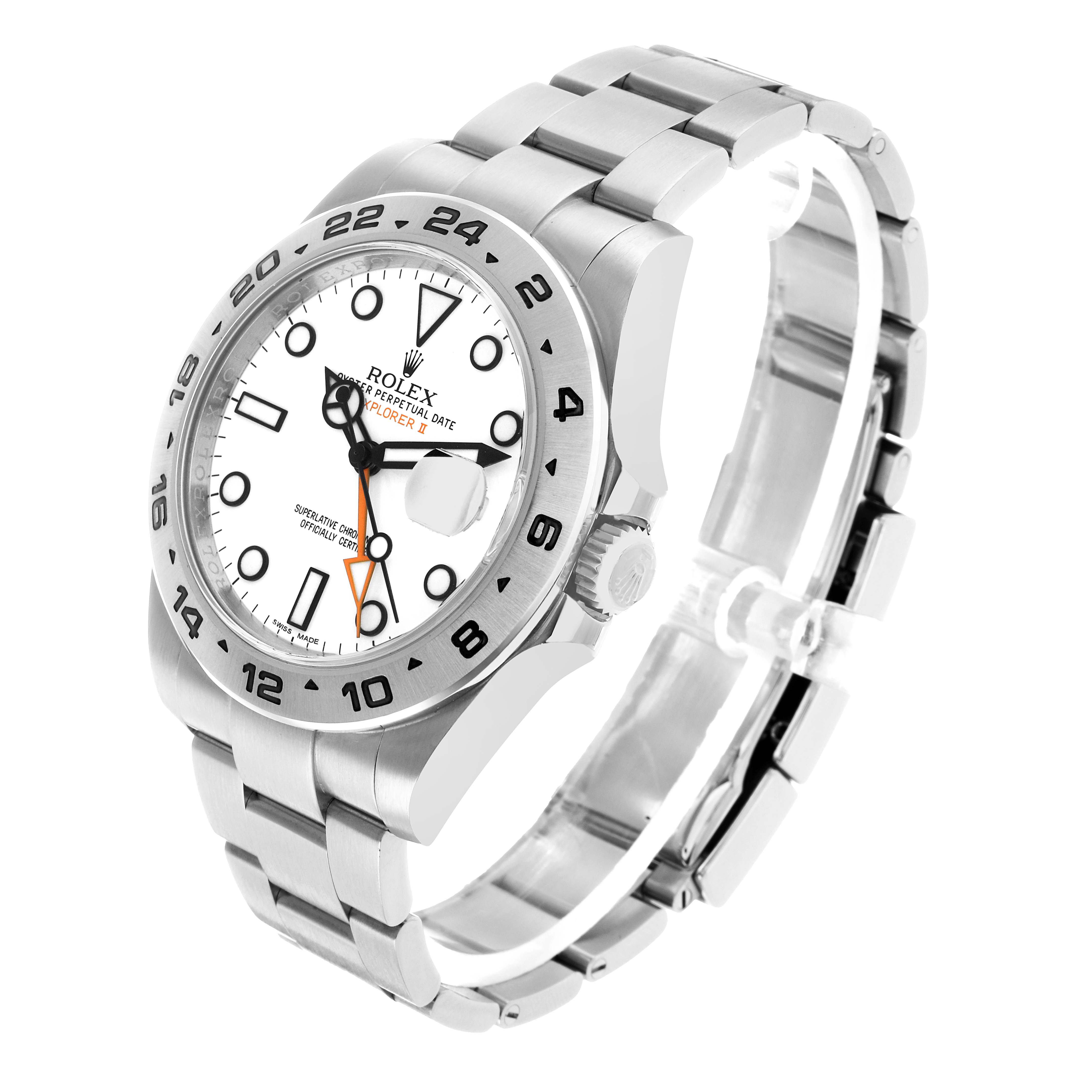 The Rolex Explorer 216570 Men's Stainless Steel White Dial watch is shown from a three-quarter angle, highlighting its face, bezel, crown, and stainless steel bracelet.