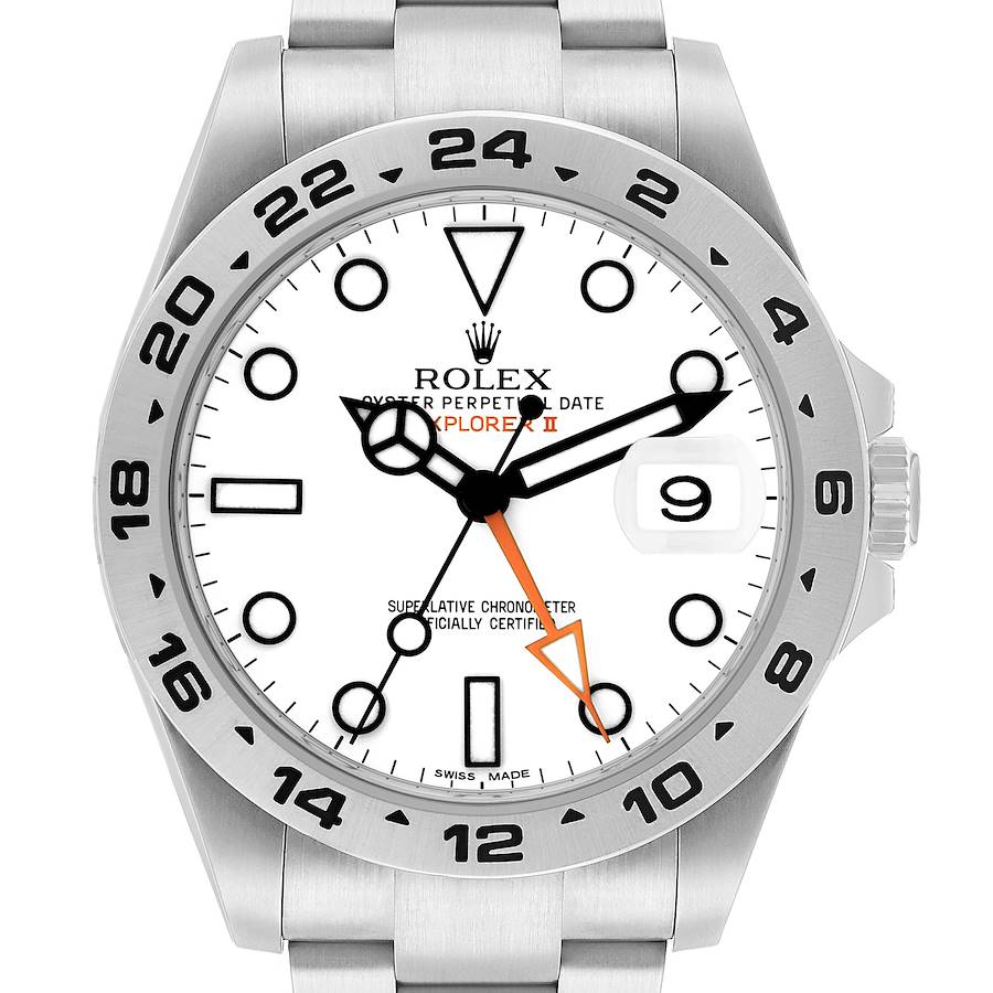The Rolex Explorer 216570 Men's Stainless Steel White Dial watch is shown head-on, displaying the dial, hands, date, and bezel.