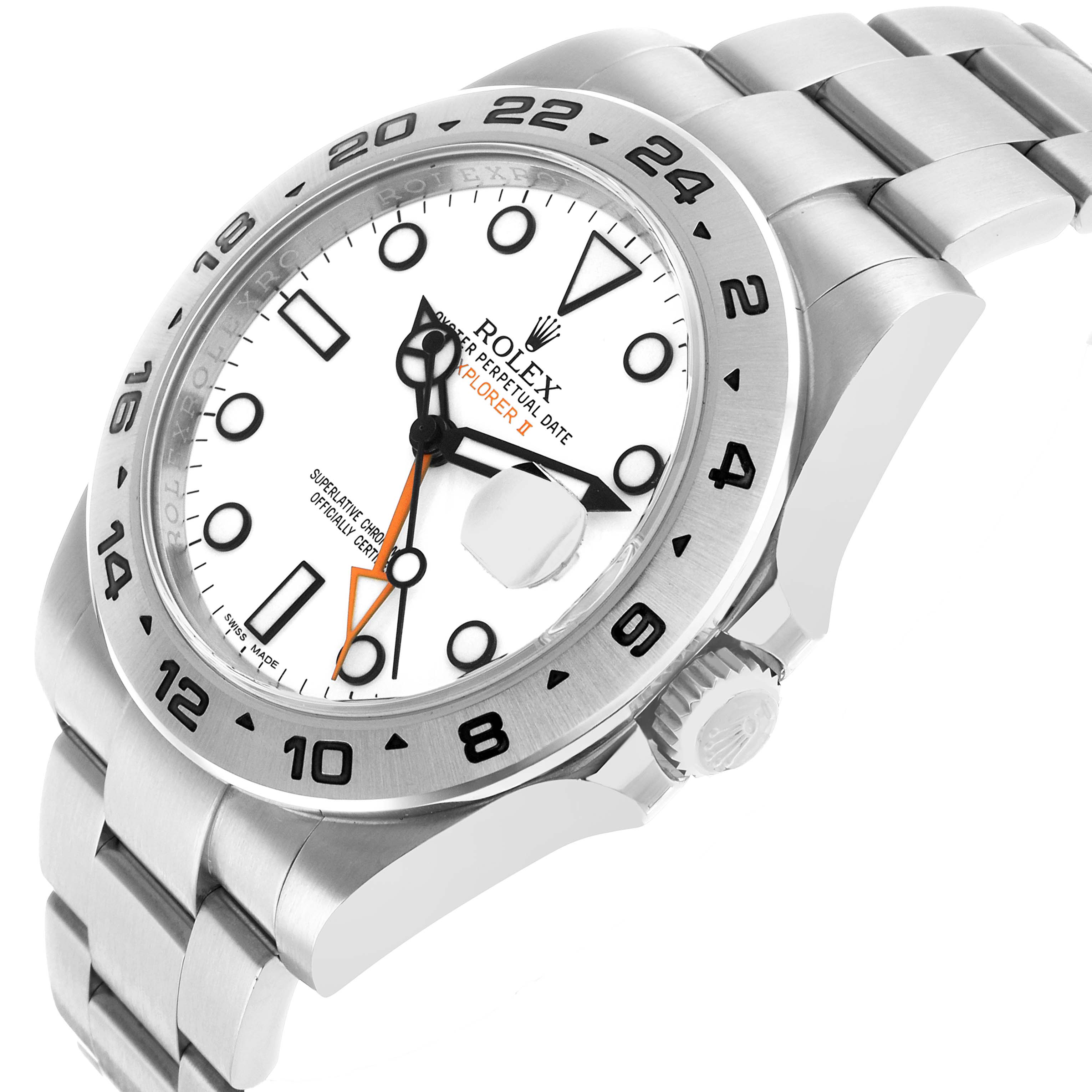 The Rolex Explorer 216570 Men's Stainless Steel White Dial II watch is shown at a three-quarter angle, highlighting the face, bezel, crown, and part of the bracelet.