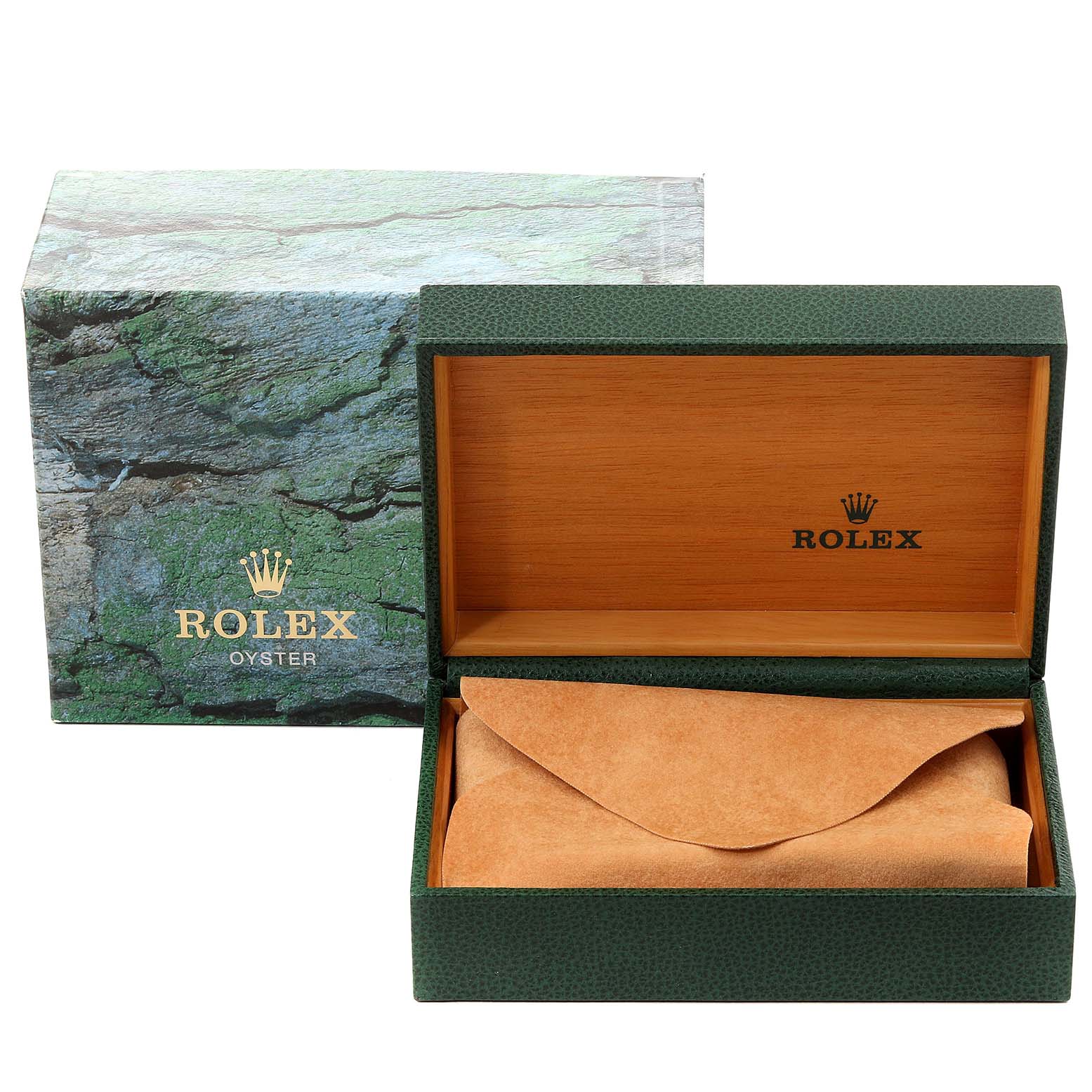 The image shows an open Rolex Explorer 16570 Men
s Stainless Steel White Dial 16570 Men
s Stainless Steel White Dial watch box and packaging at a straight-on angle.