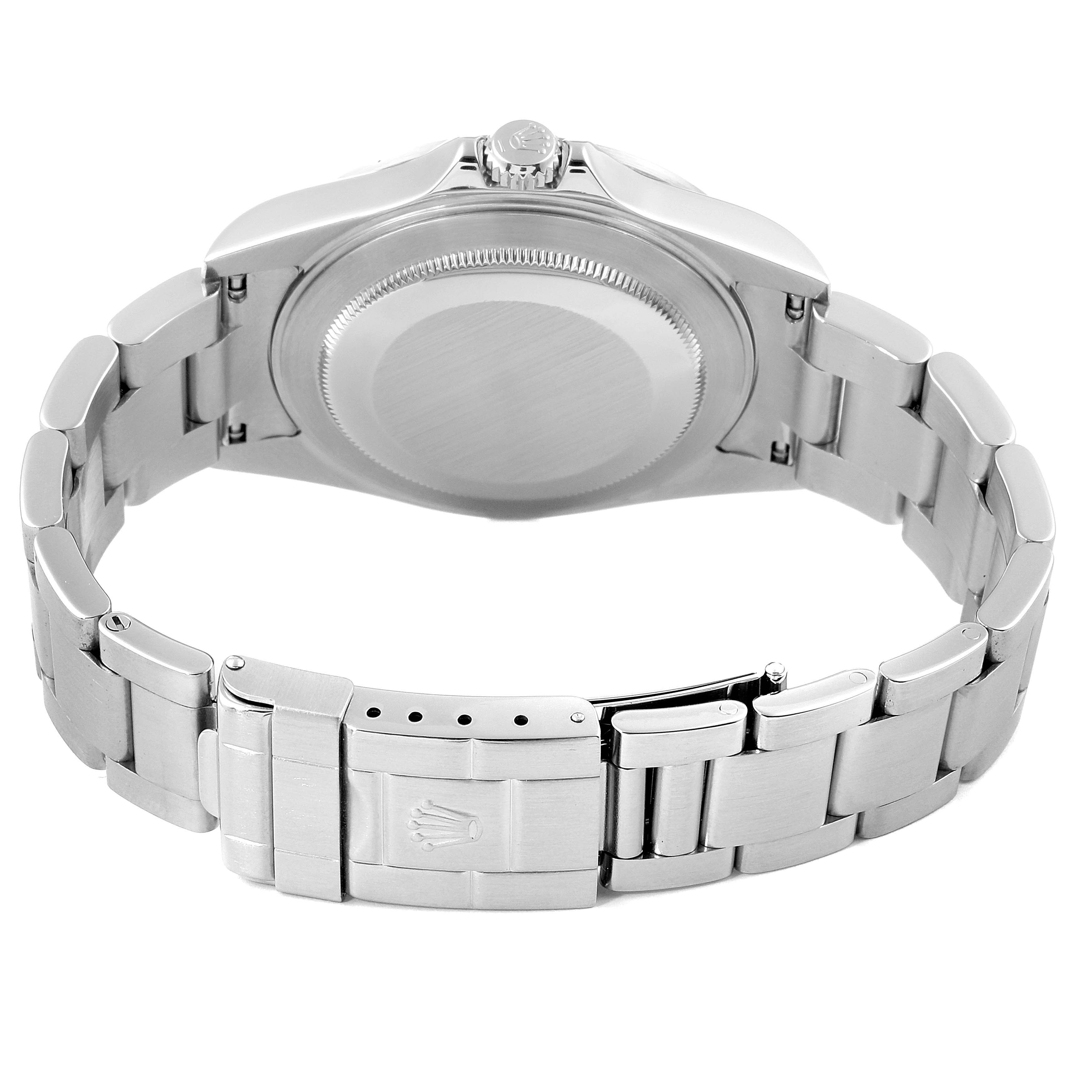 This image shows the back view of a Rolex Explorer 16570 Men
s Stainless Steel White Dial 16570 Men
s Stainless Steel White Dial watch, highlighting the caseback and bracelet.