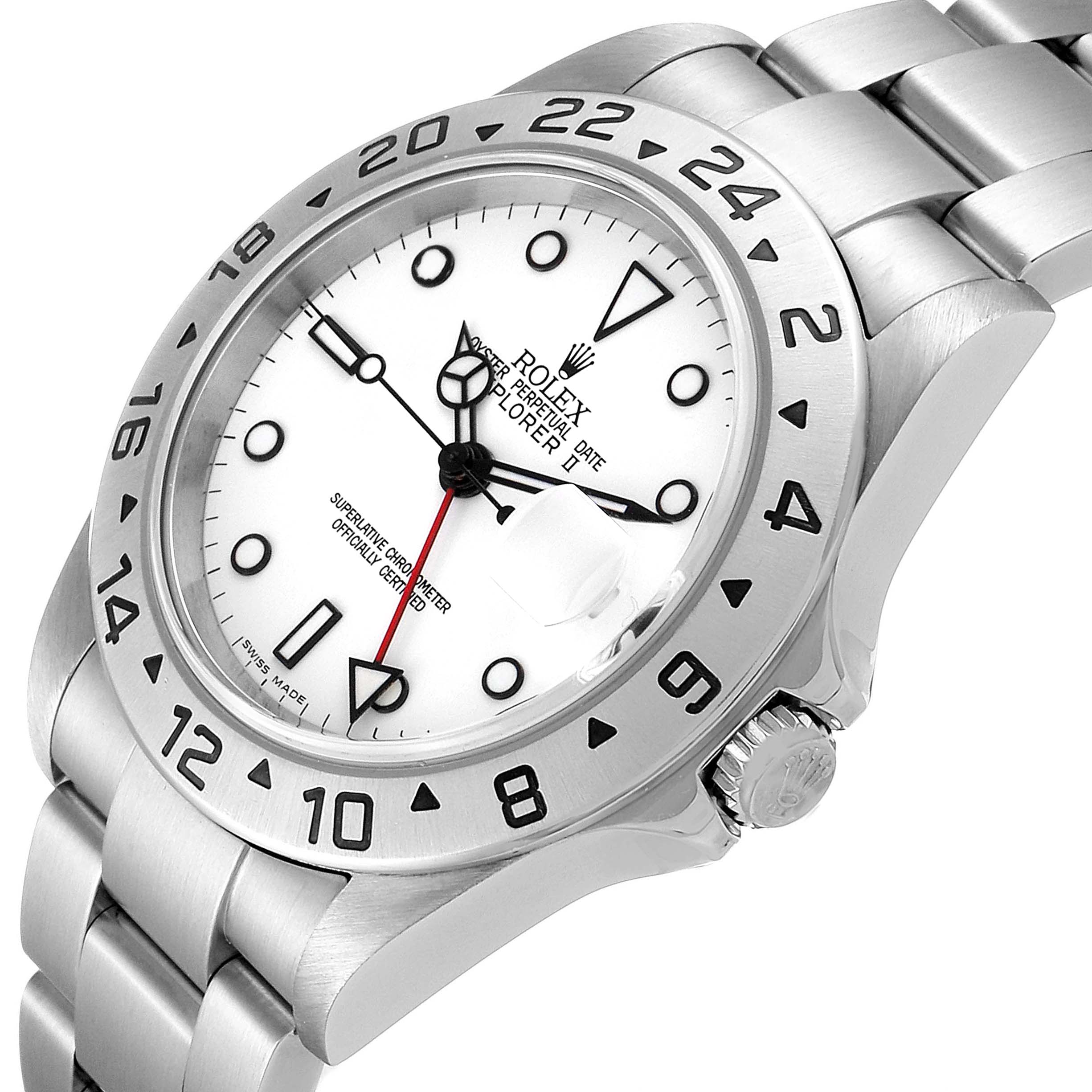 The image shows a close-up angle of the Rolex Explorer 16570 Men
s Stainless Steel White Dial 16570 Men
s Stainless Steel White Dial watch, highlighting the dial, bezel, and part of the bracelet.