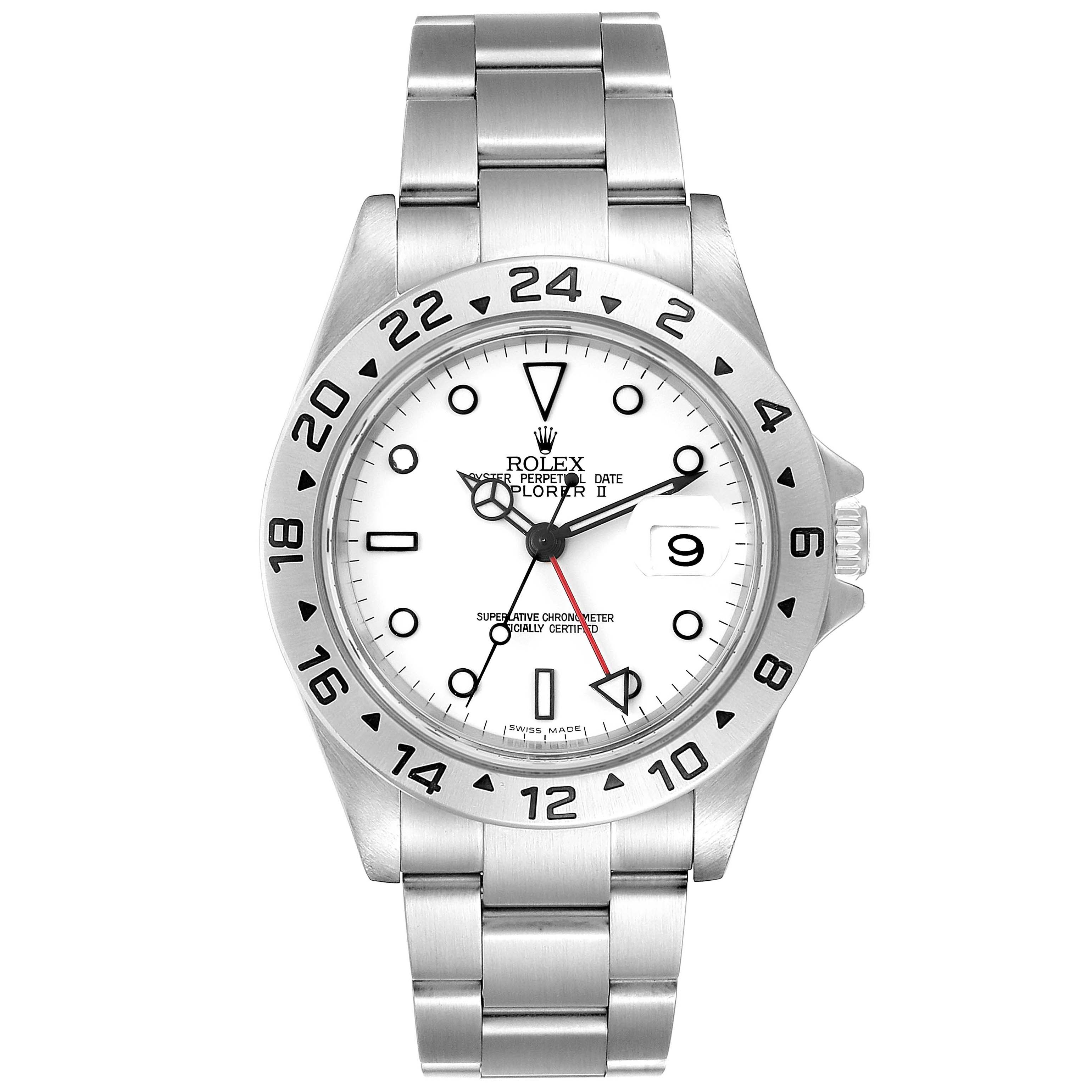 The image shows a front view of a Rolex Explorer 16570 Men
s Stainless Steel White Dial 16570 Men
s Stainless Steel White Dial watch featuring a stainless steel bracelet and white dial.