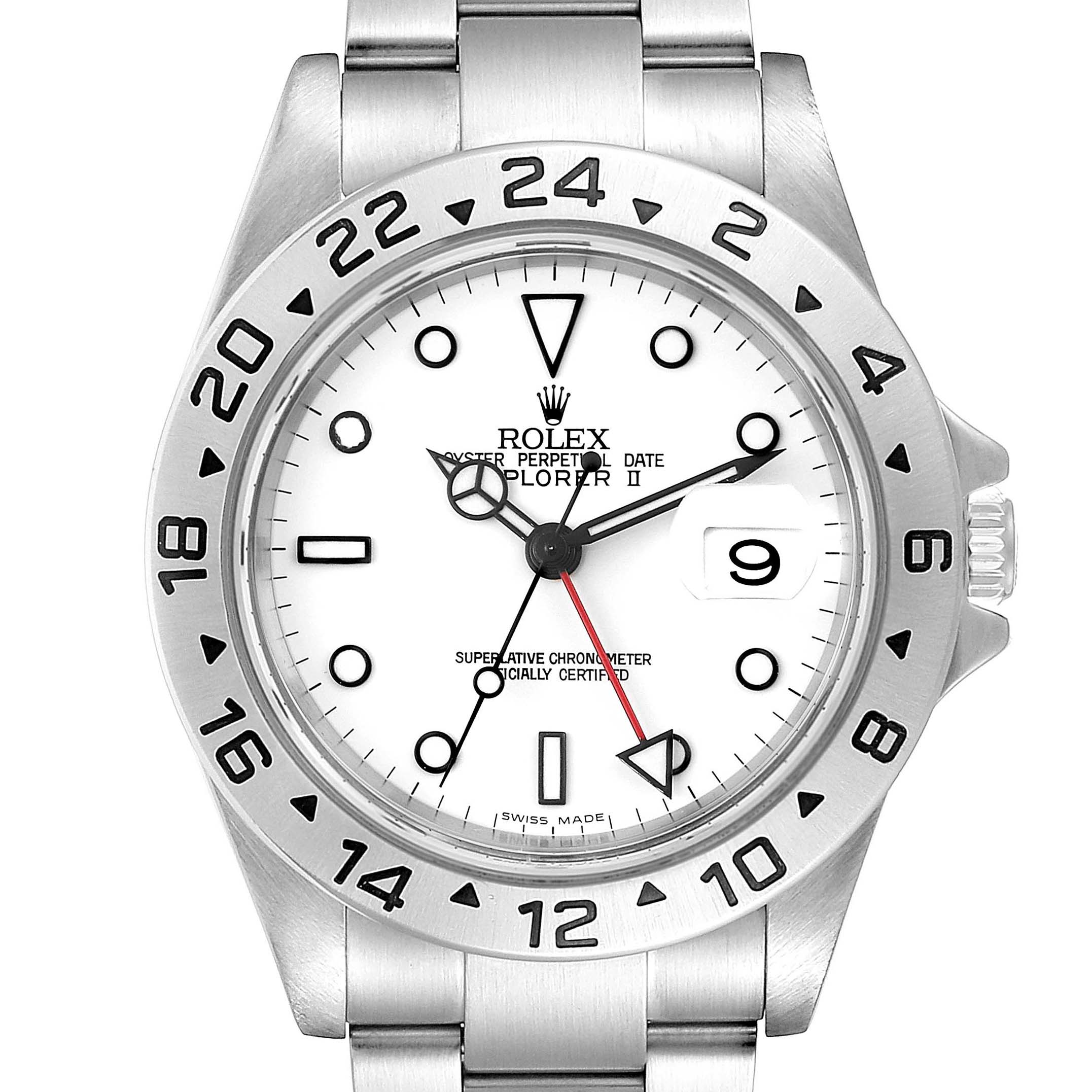 The image shows a front view of the Rolex Explorer 16570 Men
s Stainless Steel White Dial 16570 Men
s Stainless Steel White Dial watch, highlighting its white dial, bezel, hands, and bracelet.