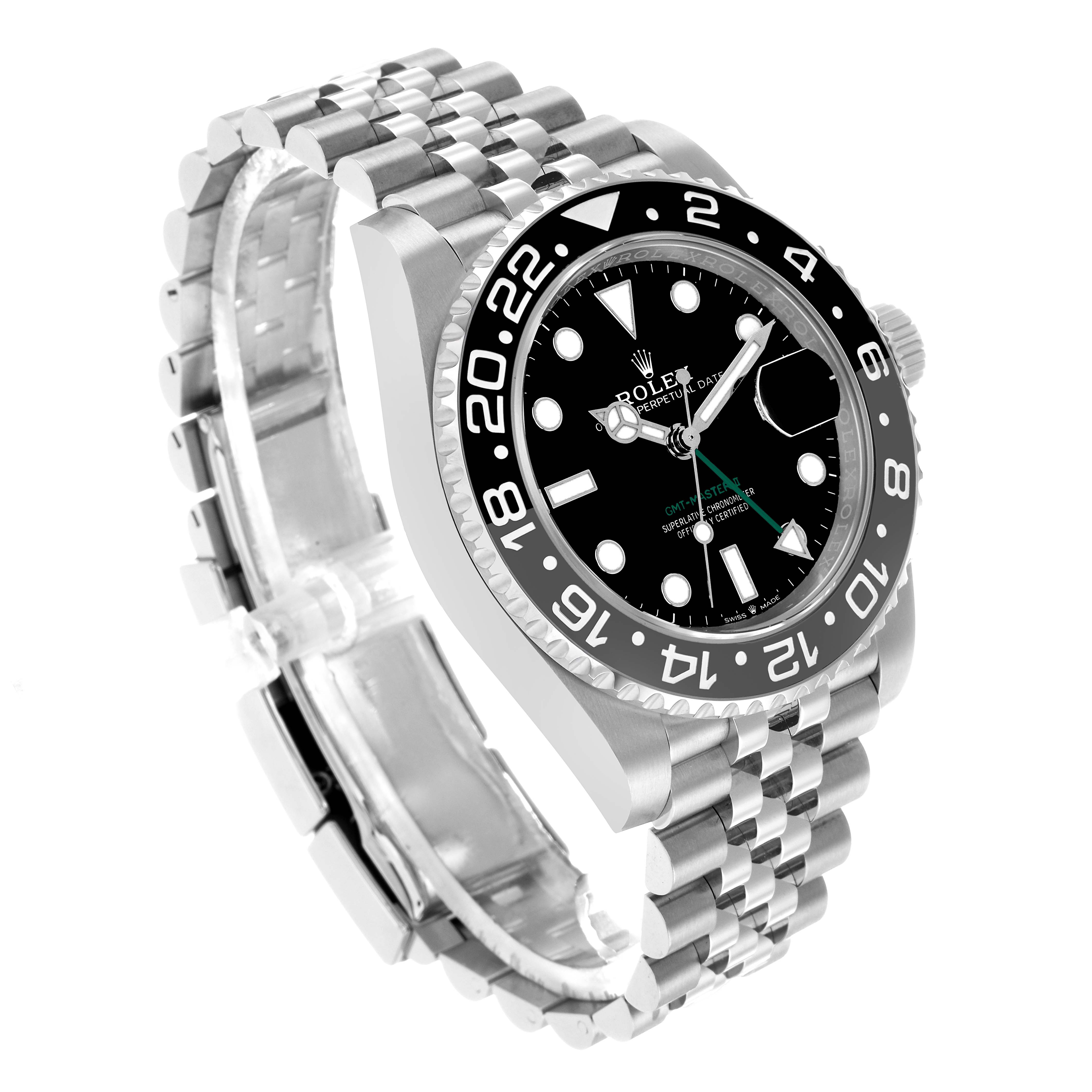 The Rolex GMT-Master 126710 Men's Stainless Steel Black Dial watch is shown at a three-quarter angle, displaying the face, bezel, and bracelet.