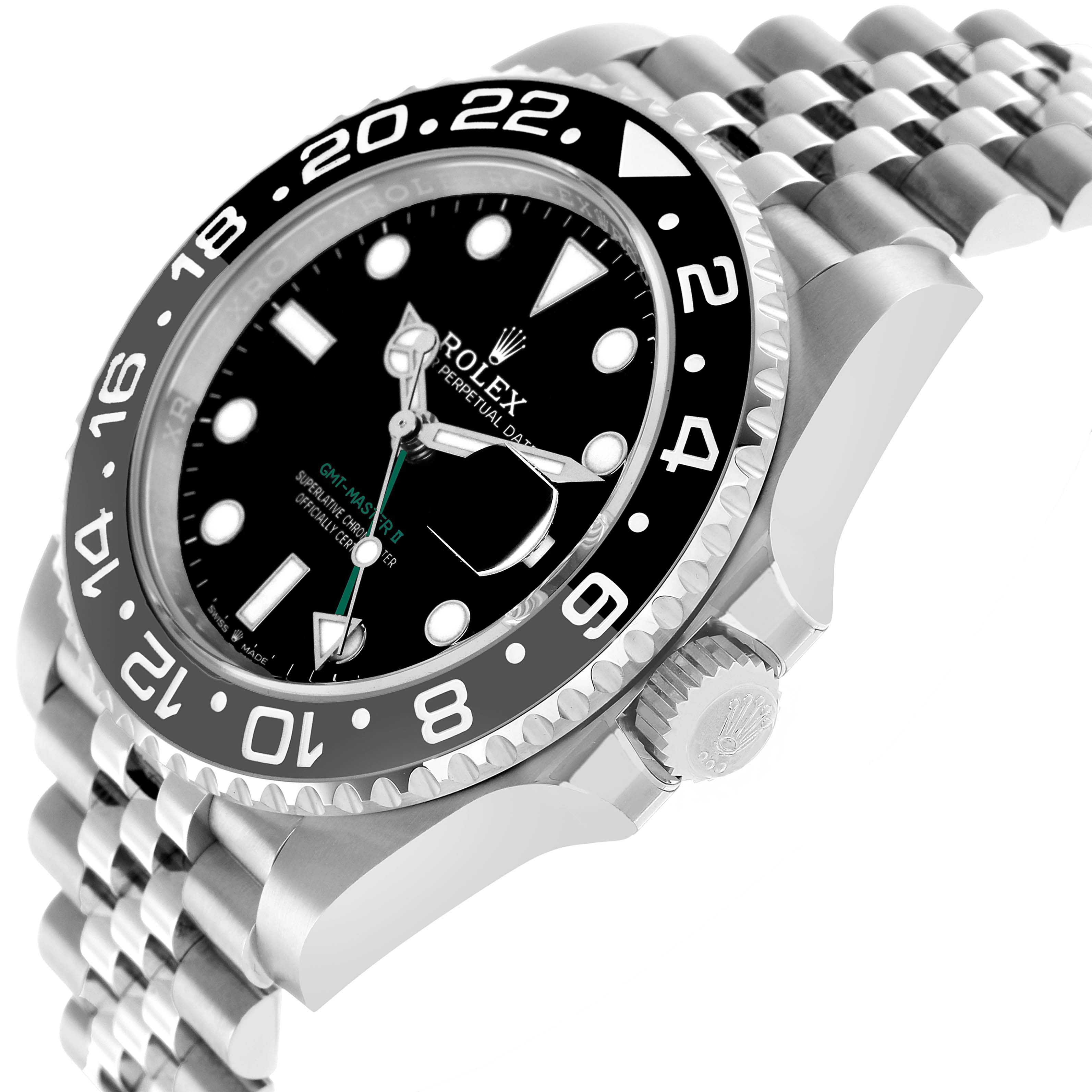 The Rolex GMT-Master 126710 Men's Stainless Steel Black Dial model is shown at a side angle, highlighting the bezel, crown, and Jubilee bracelet.