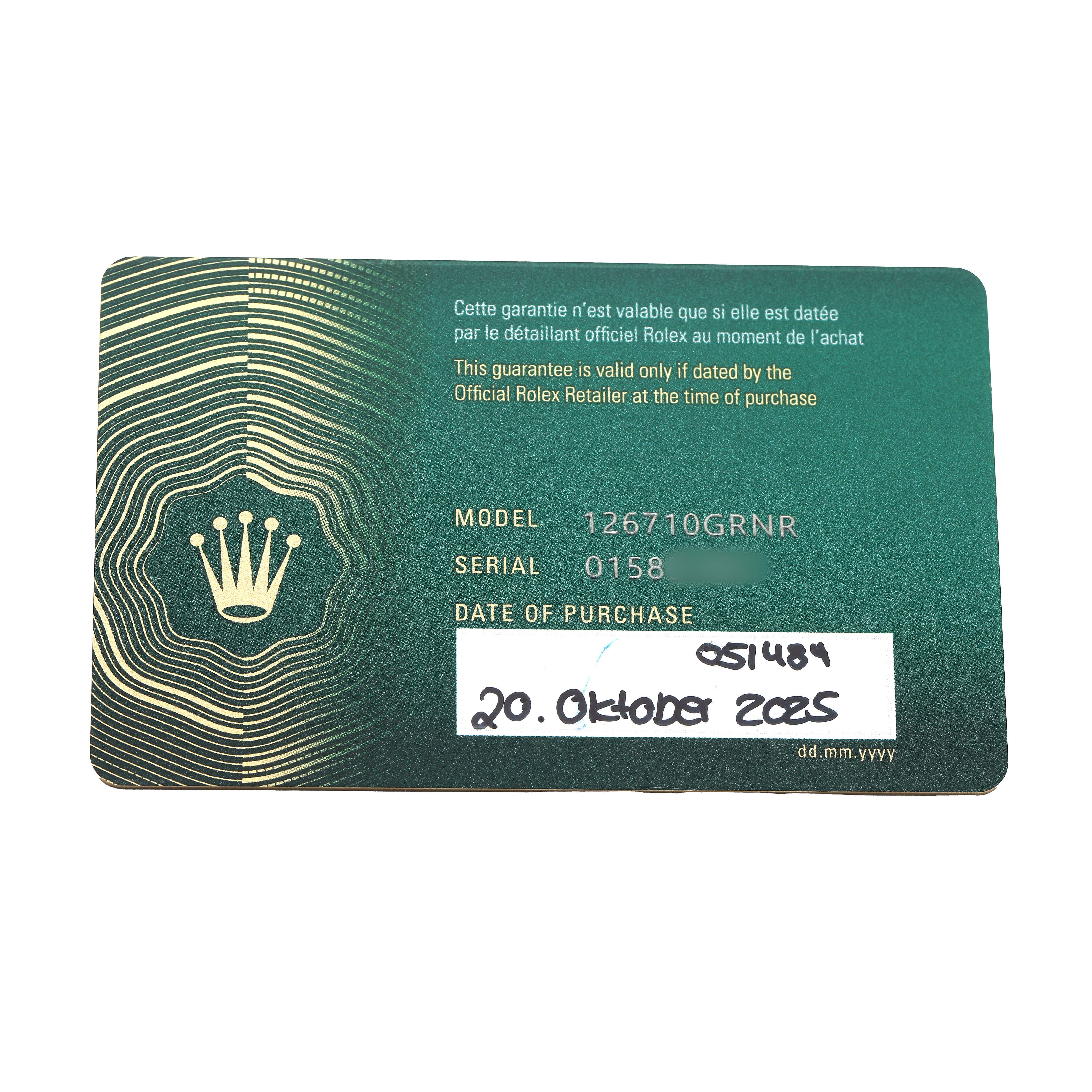 The image shows a warranty card for the Rolex GMT-Master 126710 Men's Stainless Steel Black Dial model, with model and purchase details visible.