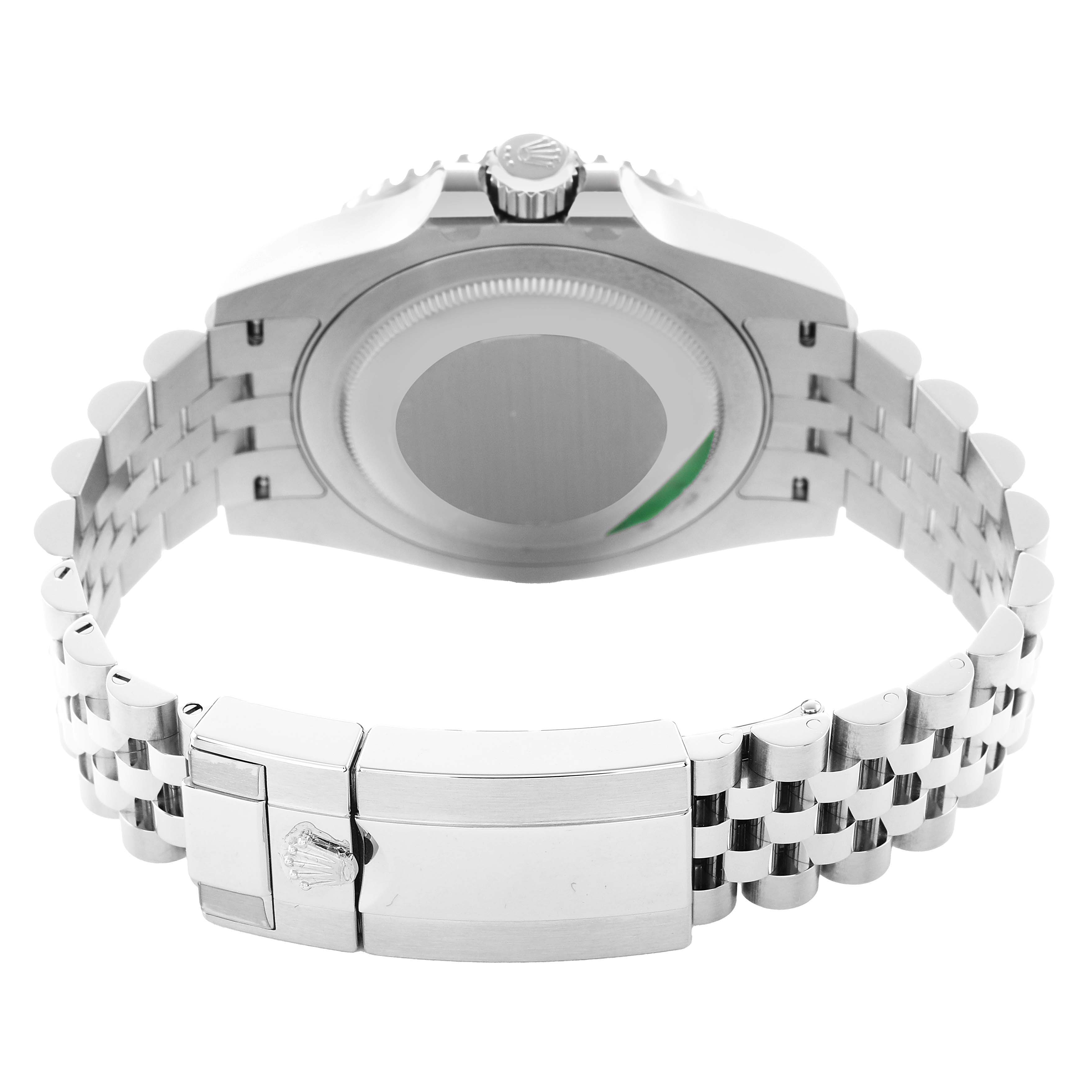 The image shows the back of the Rolex GMT-Master 126710 Men's Stainless Steel Black Dial watch, highlighting the case back, crown, and metal bracelet clasp.