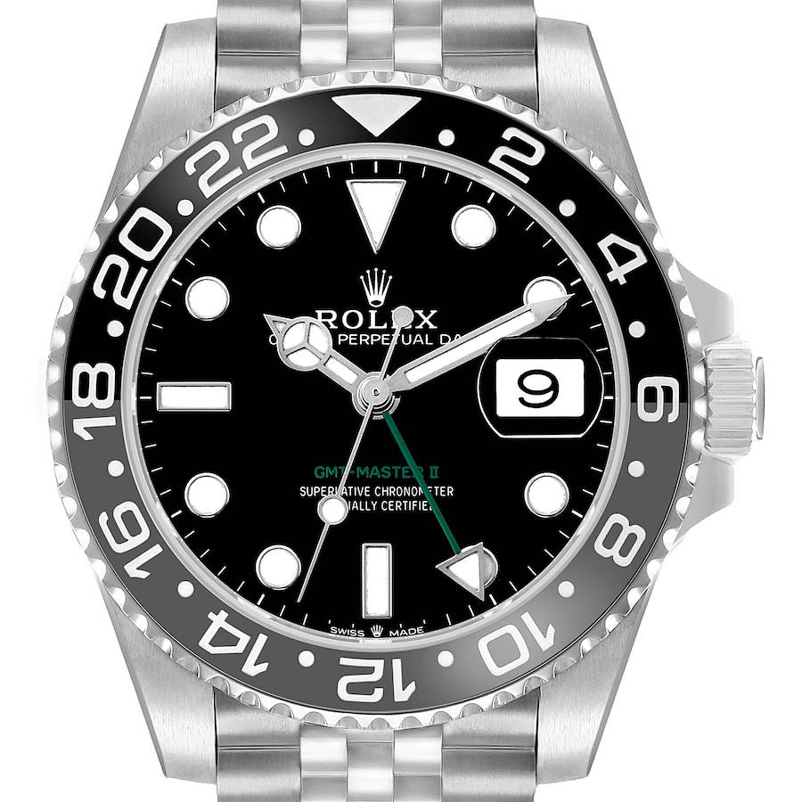 The Rolex GMT-Master 126710 Men's Stainless Steel Black Dial watch is shown from a front angle, displaying the bezel, dial, hands, markers, and date window.