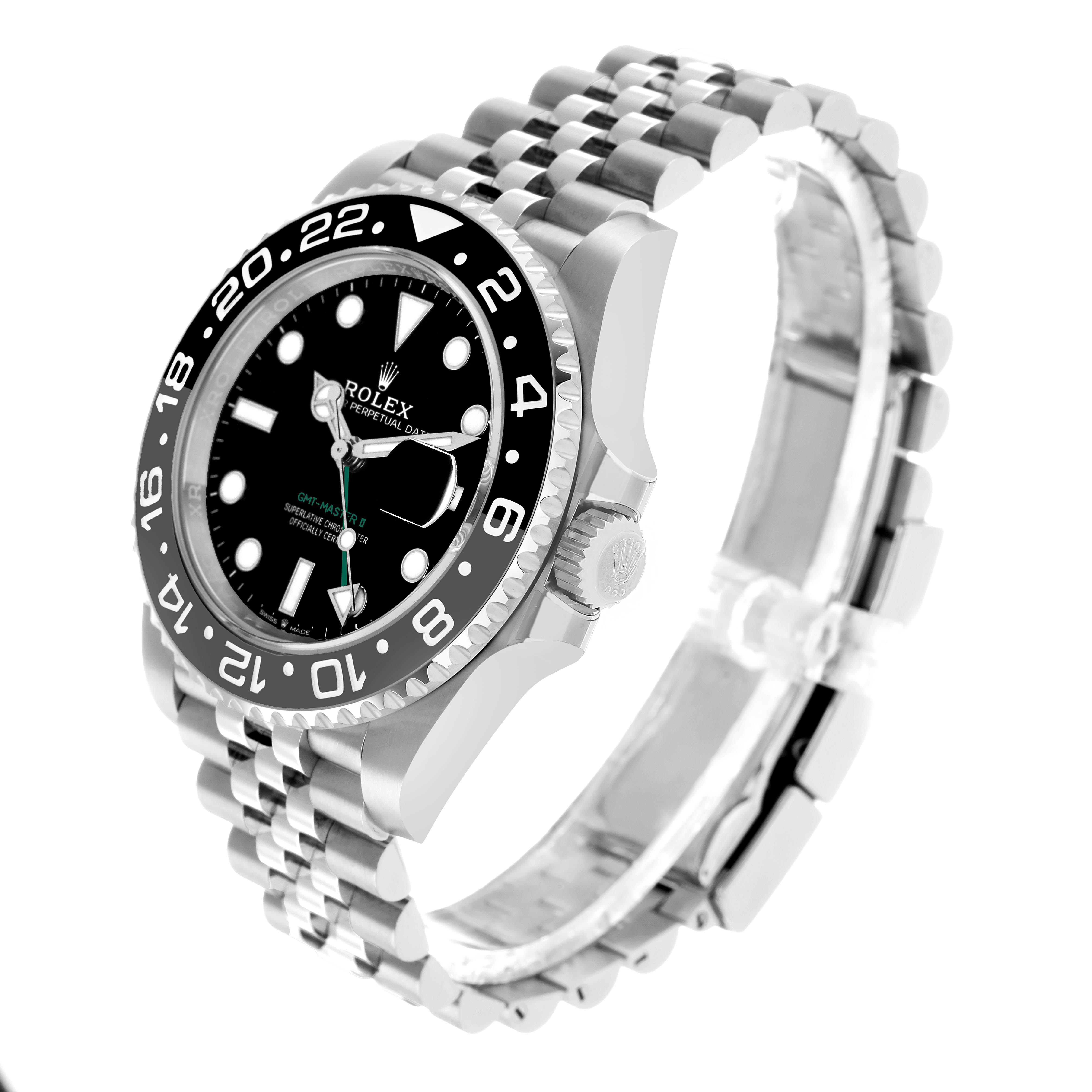 The Rolex GMT-Master 126710 Men's Stainless Steel Black Dial watch is shown from a three-quarter angle, highlighting the bezel, dial, crown, and bracelet.