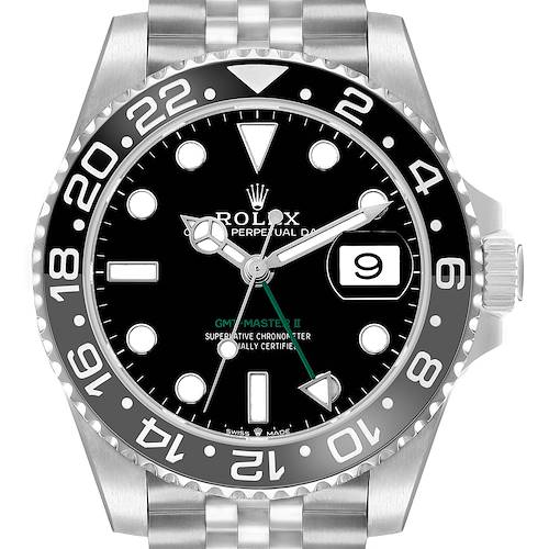 The image shows a Rolex GMT-Master 126710 Men's Stainless Steel Black Dial II watch from a front angle, displaying the dial, bezel, crown, and part of the bracelet.