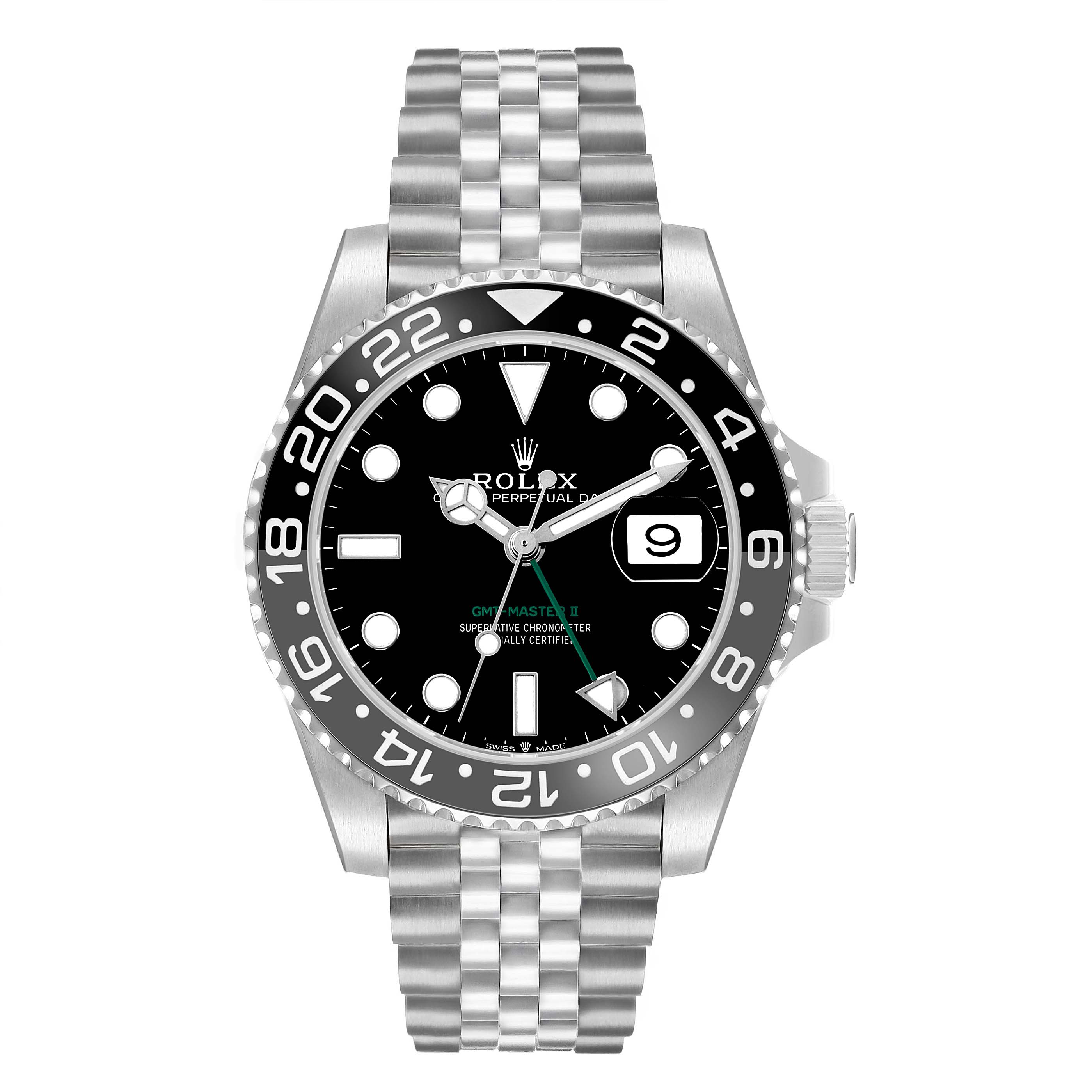 The image shows a frontal view of a Rolex GMT-Master 126710 Men's Stainless Steel Black Dial watch, highlighting the bezel, dial, bracelet, and crown.