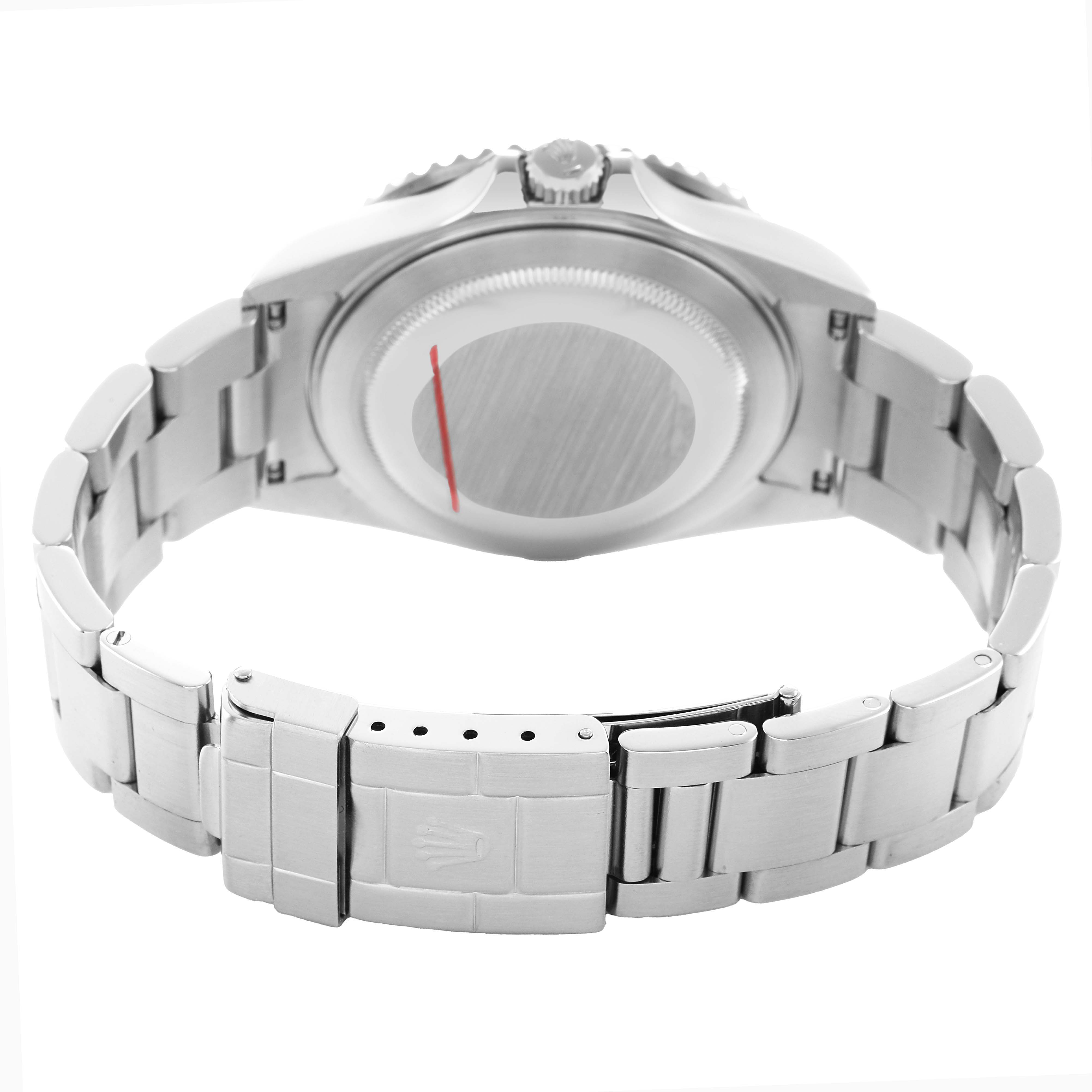 The Rolex GMT-Master 16710 Men's Stainless Steel Black Dial is shown from the back, highlighting the case back and bracelet.