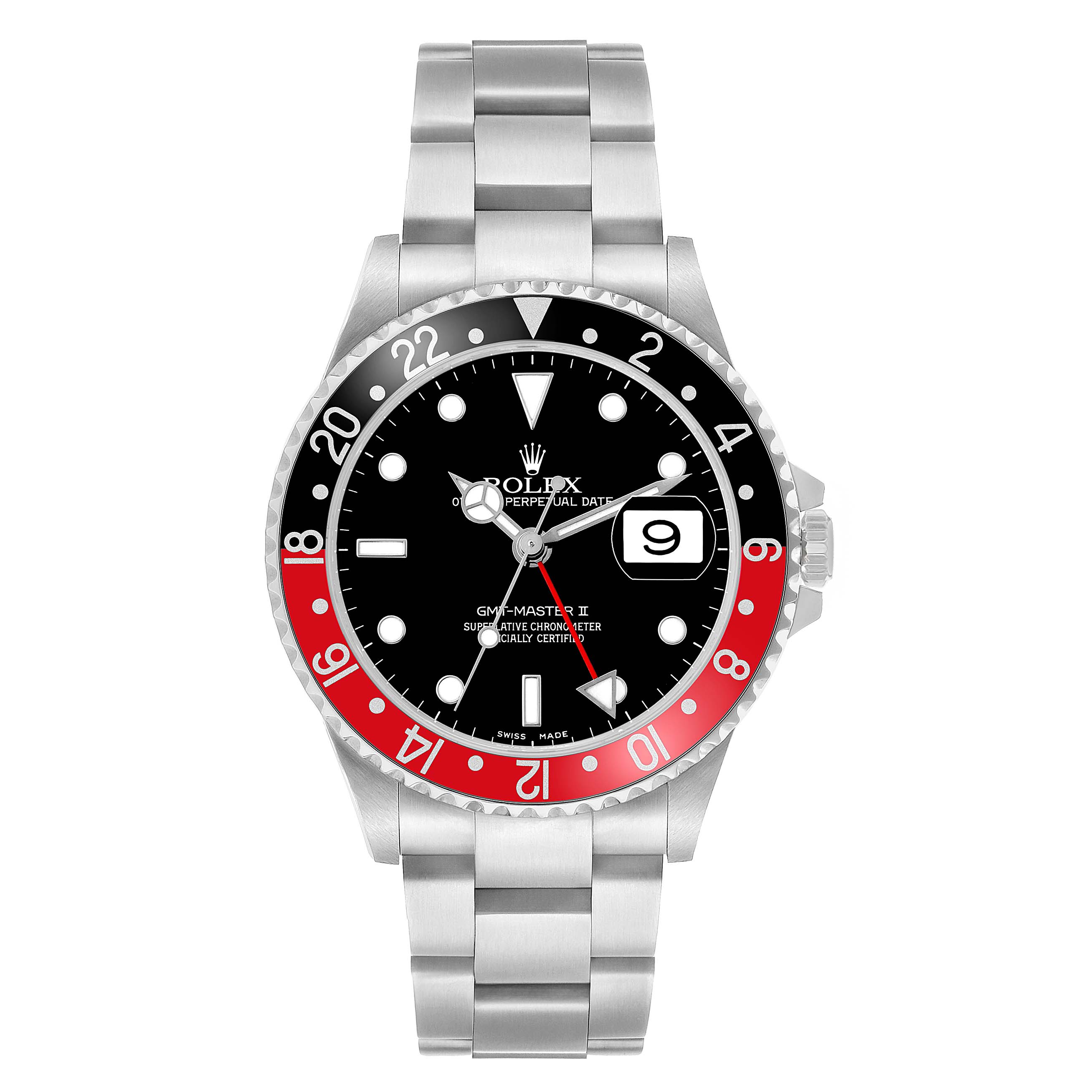 The Rolex GMT-Master 16710 Men's Stainless Steel Black Dial watch is shown from the front, displaying its dial, bezel, and bracelet.