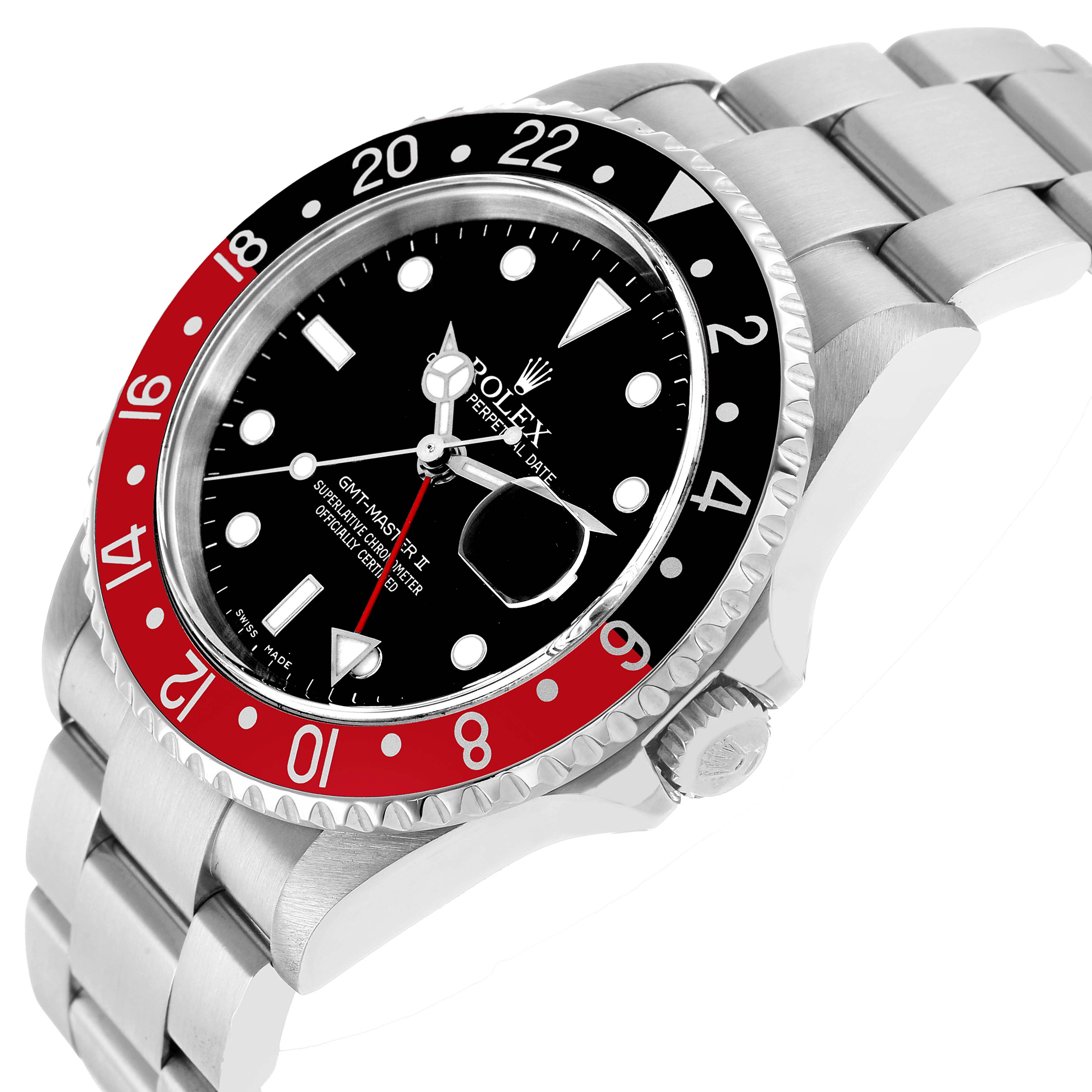 The Rolex GMT-Master 16710 Men's Stainless Steel Black Dial watch is shown at an angled side view, highlighting the bezel, dial, crown, and part of the bracelet.