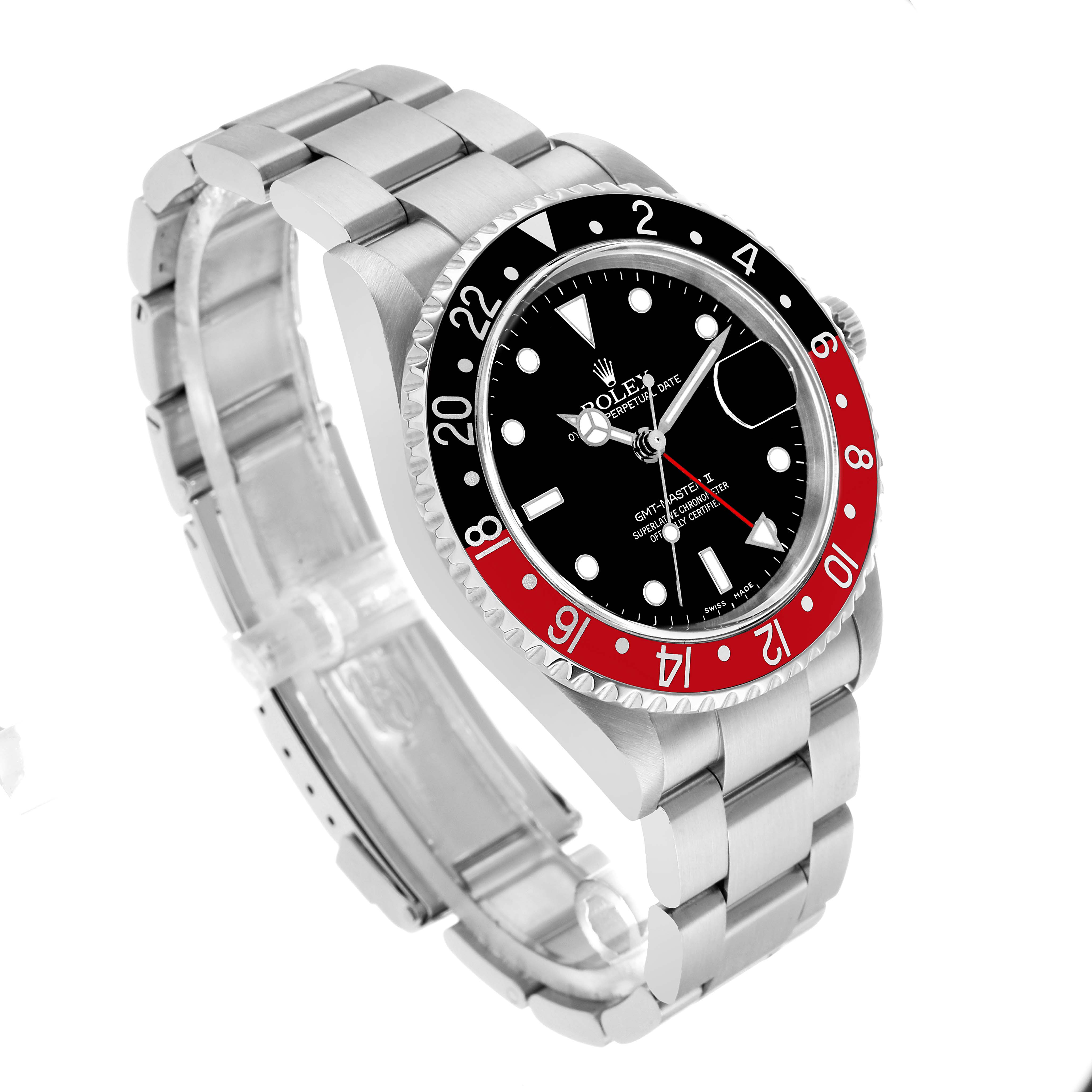 The Rolex GMT-Master 16710 Men's Stainless Steel Black Dial watch is shown at a three-quarter angle, displaying the bezel, dial, and bracelet clearly.