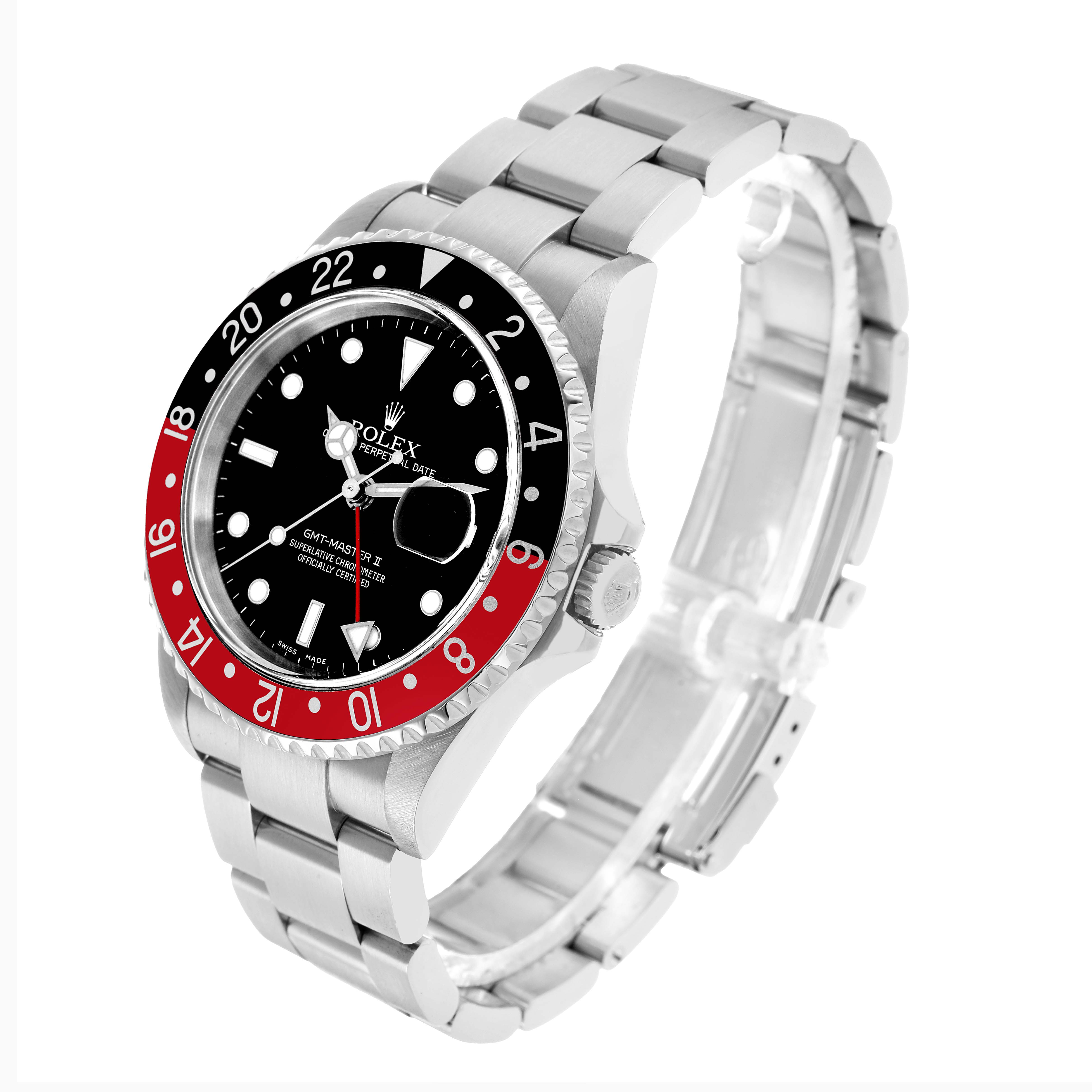 The Rolex GMT-Master 16710 Men's Stainless Steel Black Dial watch is shown at a three-quarter angle, highlighting its bezel, dial, crown, and bracelet.