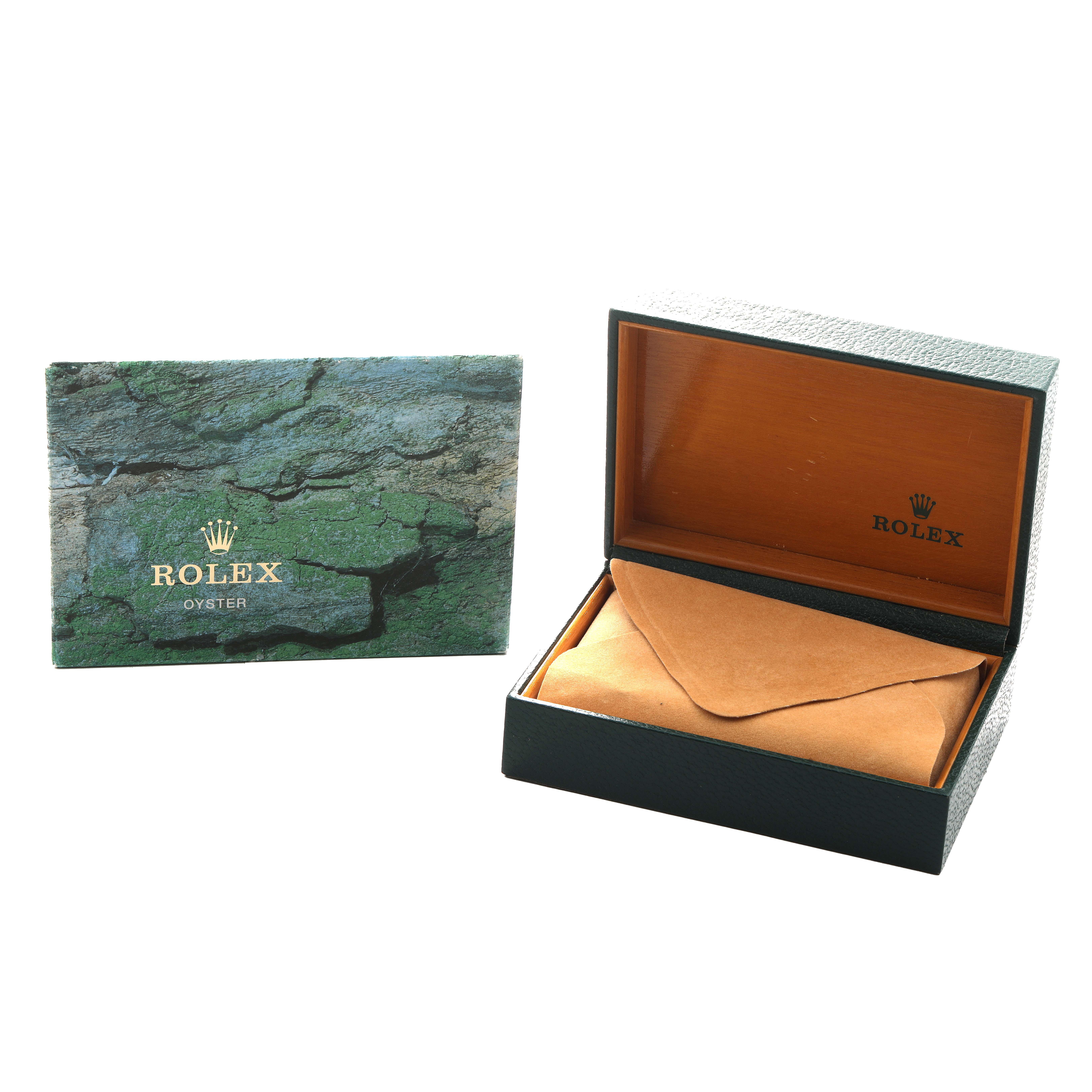 The image shows a Rolex GMT-Master 16710 Men's Stainless Steel Black Dial box and booklet, with the box open at an angle.