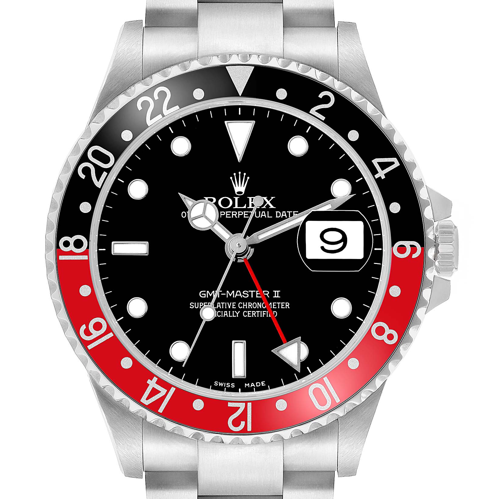 The Rolex GMT-Master 16710 Men's Stainless Steel Black Dial watch is shown from a front angle, highlighting its bezel, dial, hands, and date display.