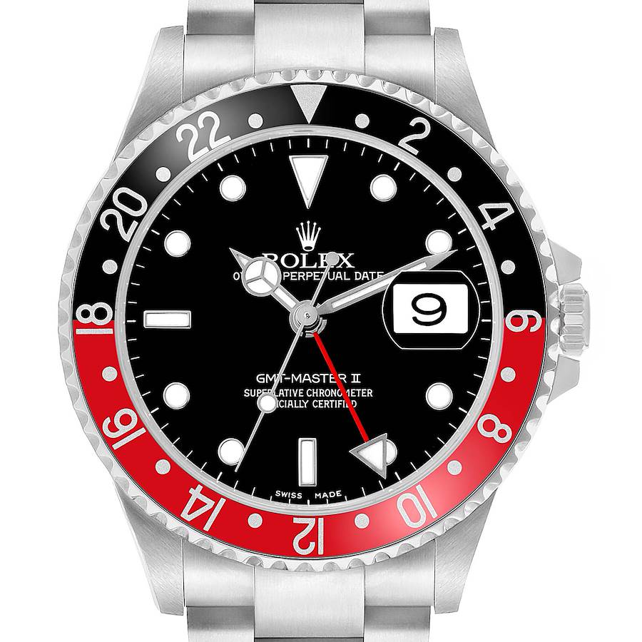 The Rolex GMT-Master 16710 Men's Stainless Steel Black Dial watch is shown from a front angle, highlighting its bezel, dial, hands, and date display.