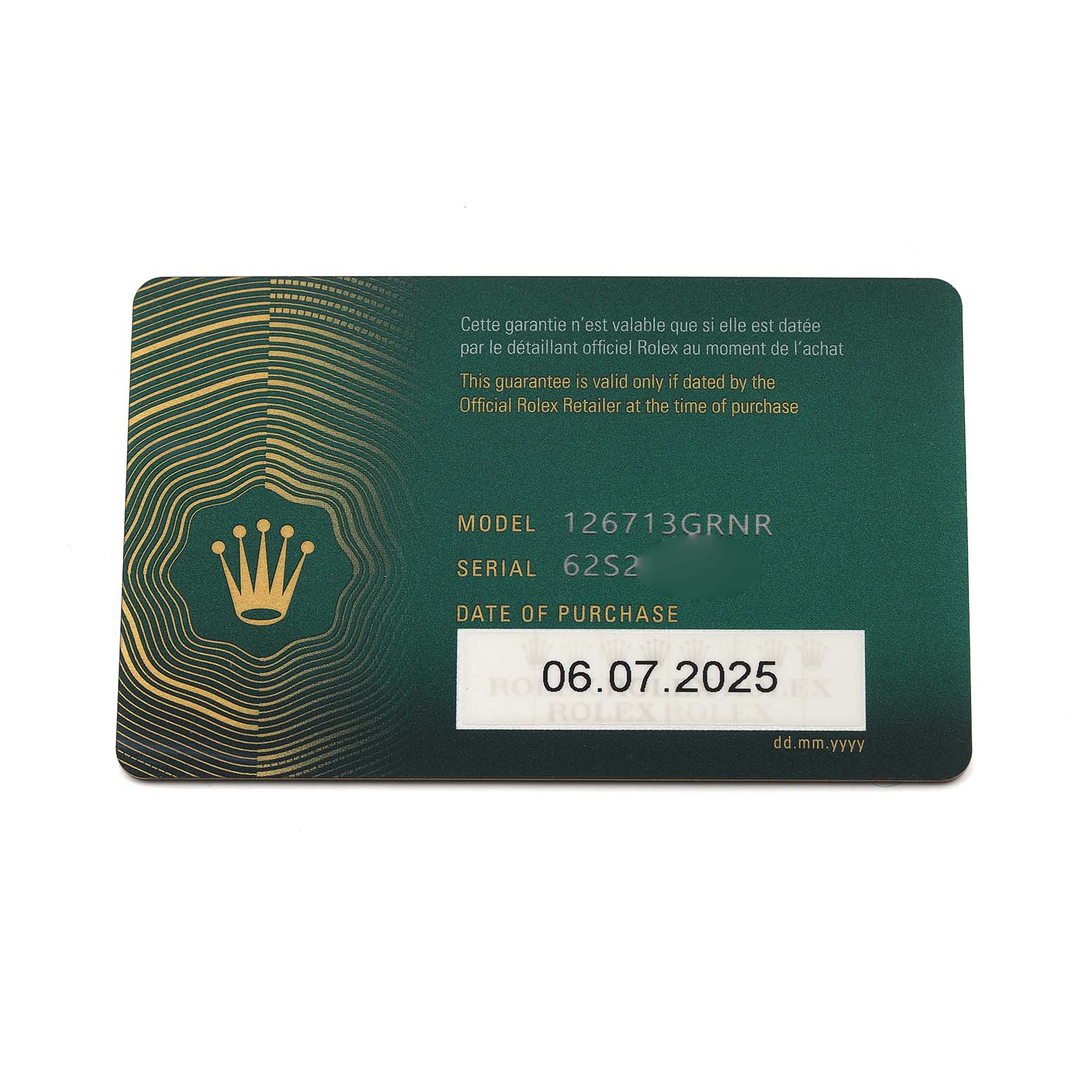 The image shows a warranty card for a Rolex GMT-Master 126713 Men's Steel and Gold (two tone) Black Dial model, displaying model, serial number, and purchase date.