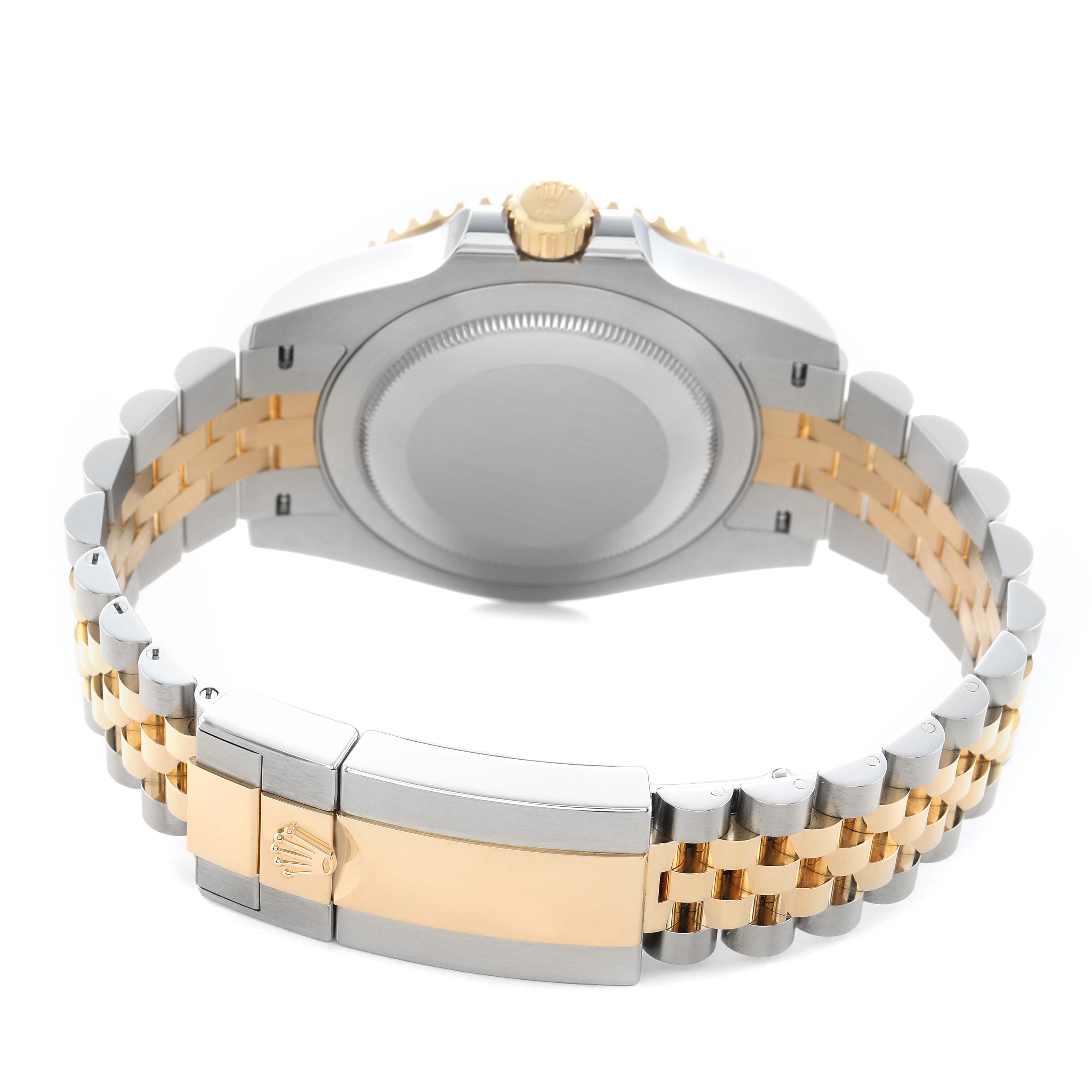 The image shows the back of a Rolex GMT-Master 126713 Men's Steel and Gold (two tone) Black Dial watch, focusing on the case back, crown, and two-tone bracelet.