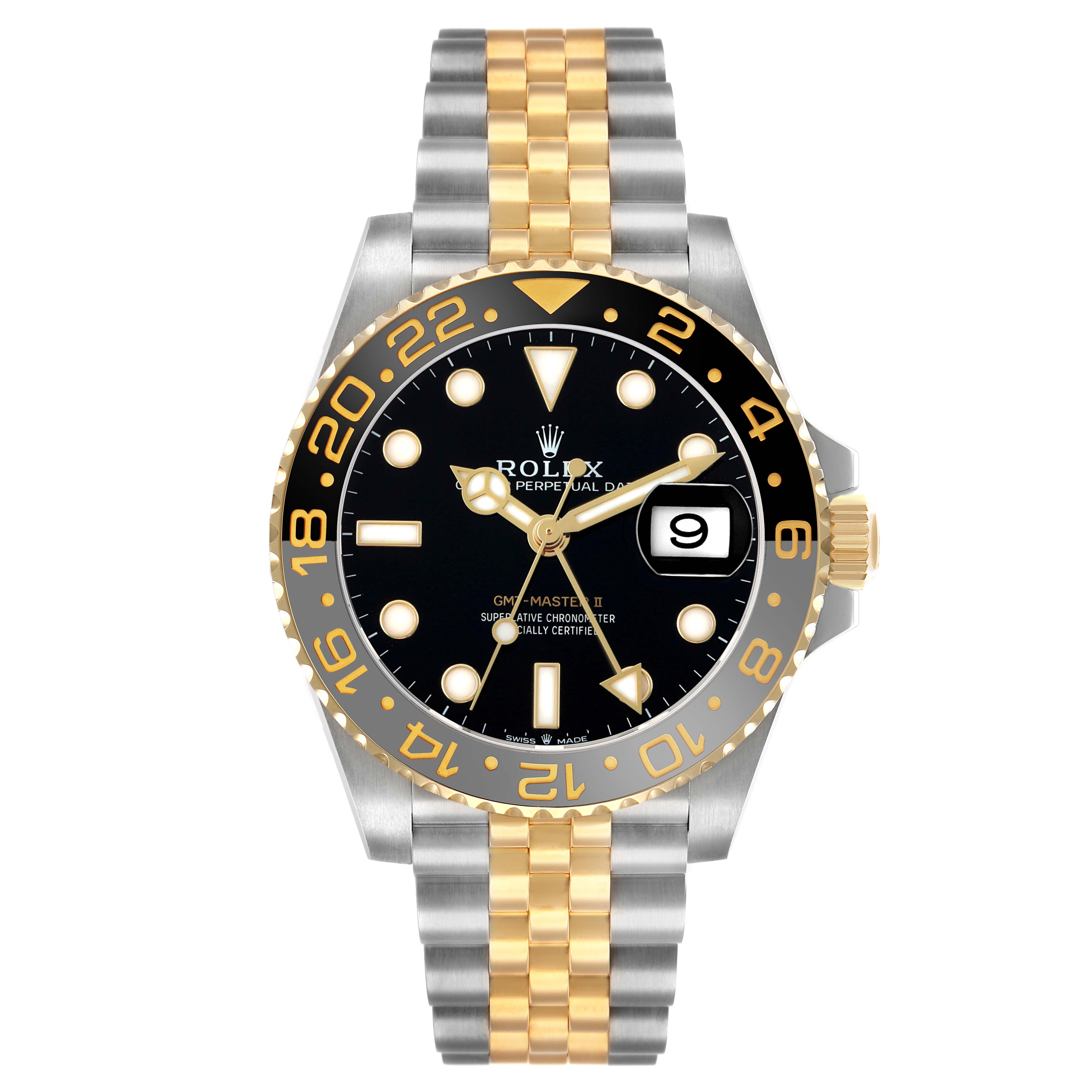 The Rolex GMT-Master 126713 Men's Steel and Gold (two tone) Black Dial watch is shown from a front angle, highlighting the face, bezel, and two-tone bracelet.