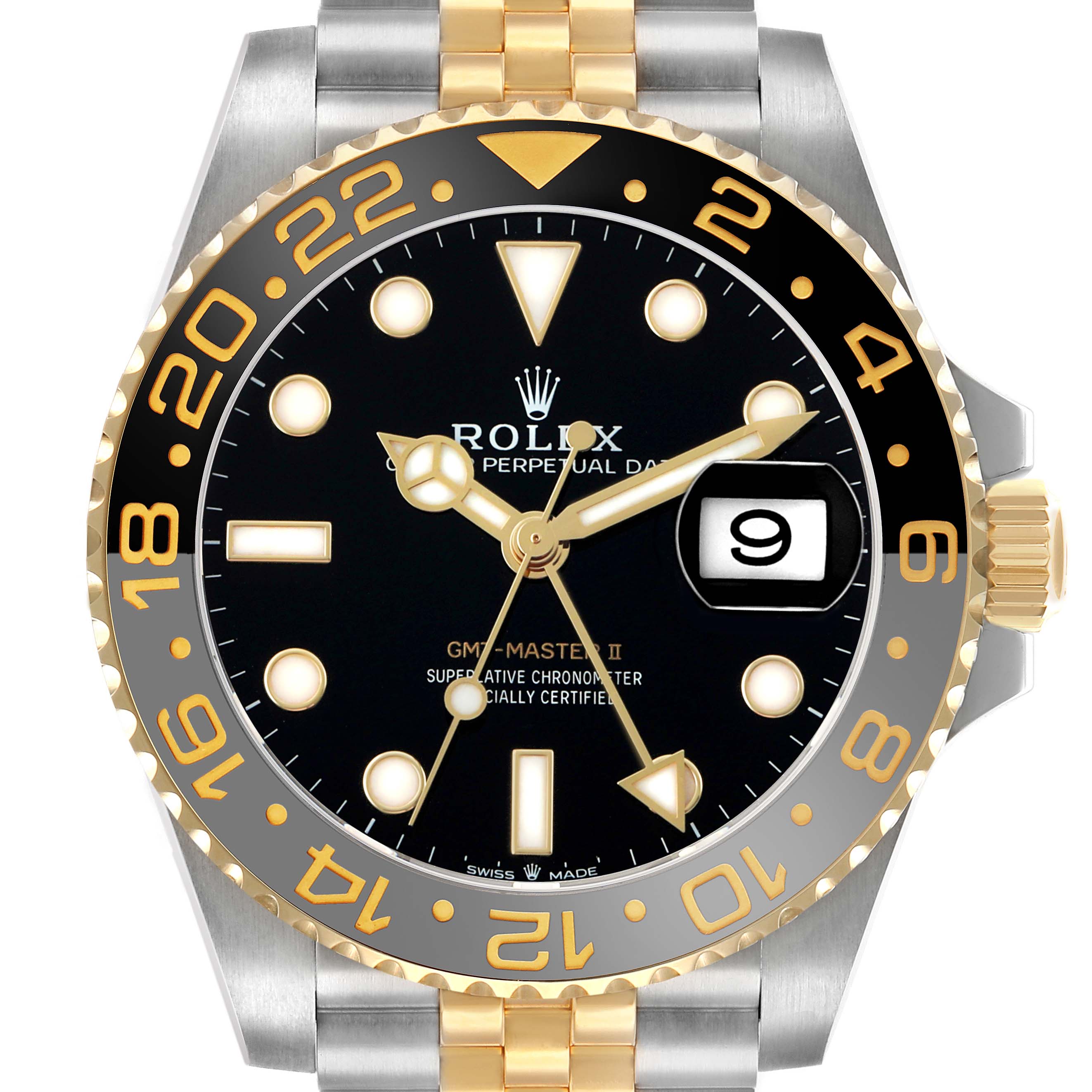The image shows a frontal view of a Rolex GMT-Master 126713 Men's Steel and Gold (two tone) Black Dial II watch, highlighting the face, bezel, hands, crown, and part of the bracelet.