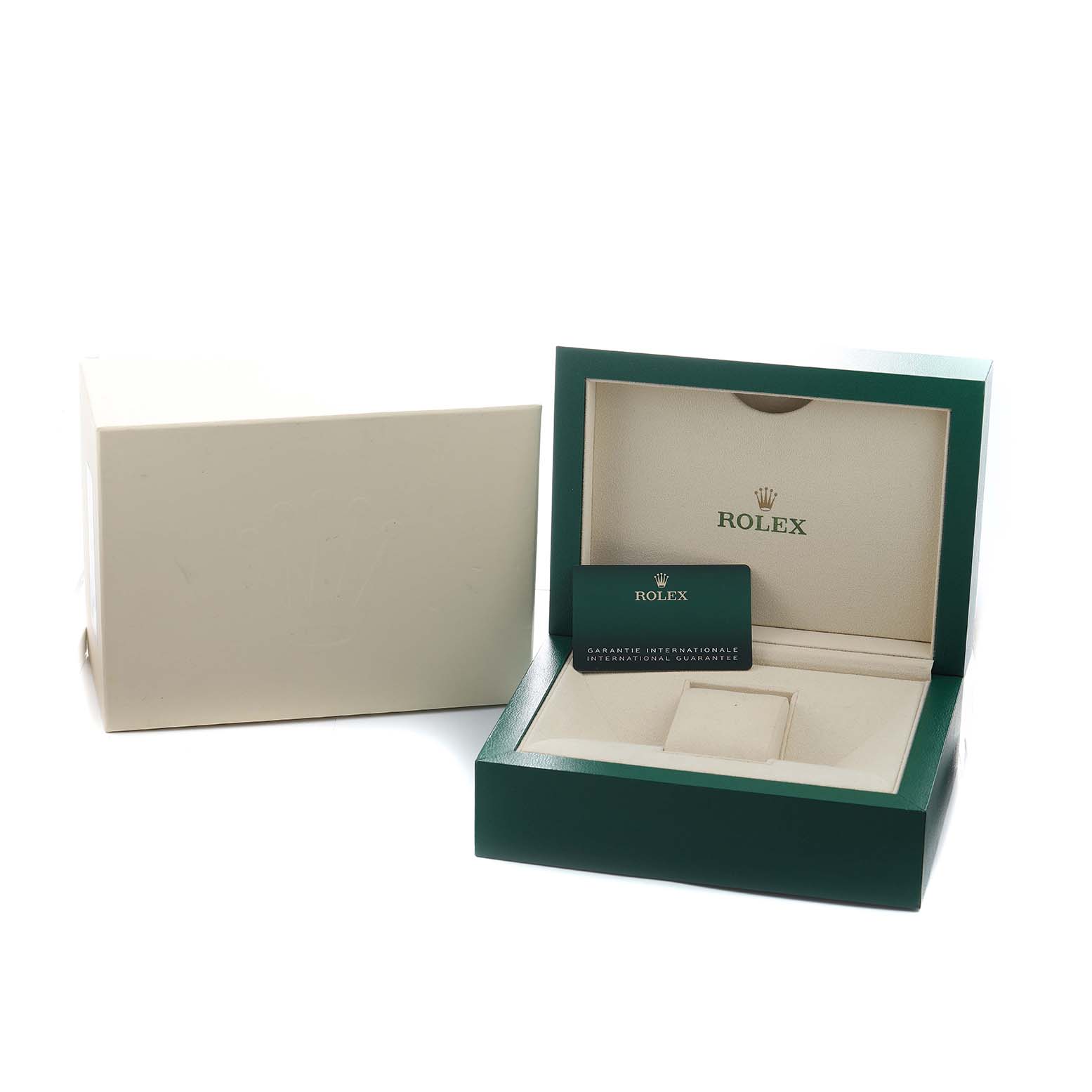 The image shows a Rolex GMT-Master 126713 Men's Steel and Gold (two tone) Black Dial box and guarantee card, viewed from the front.