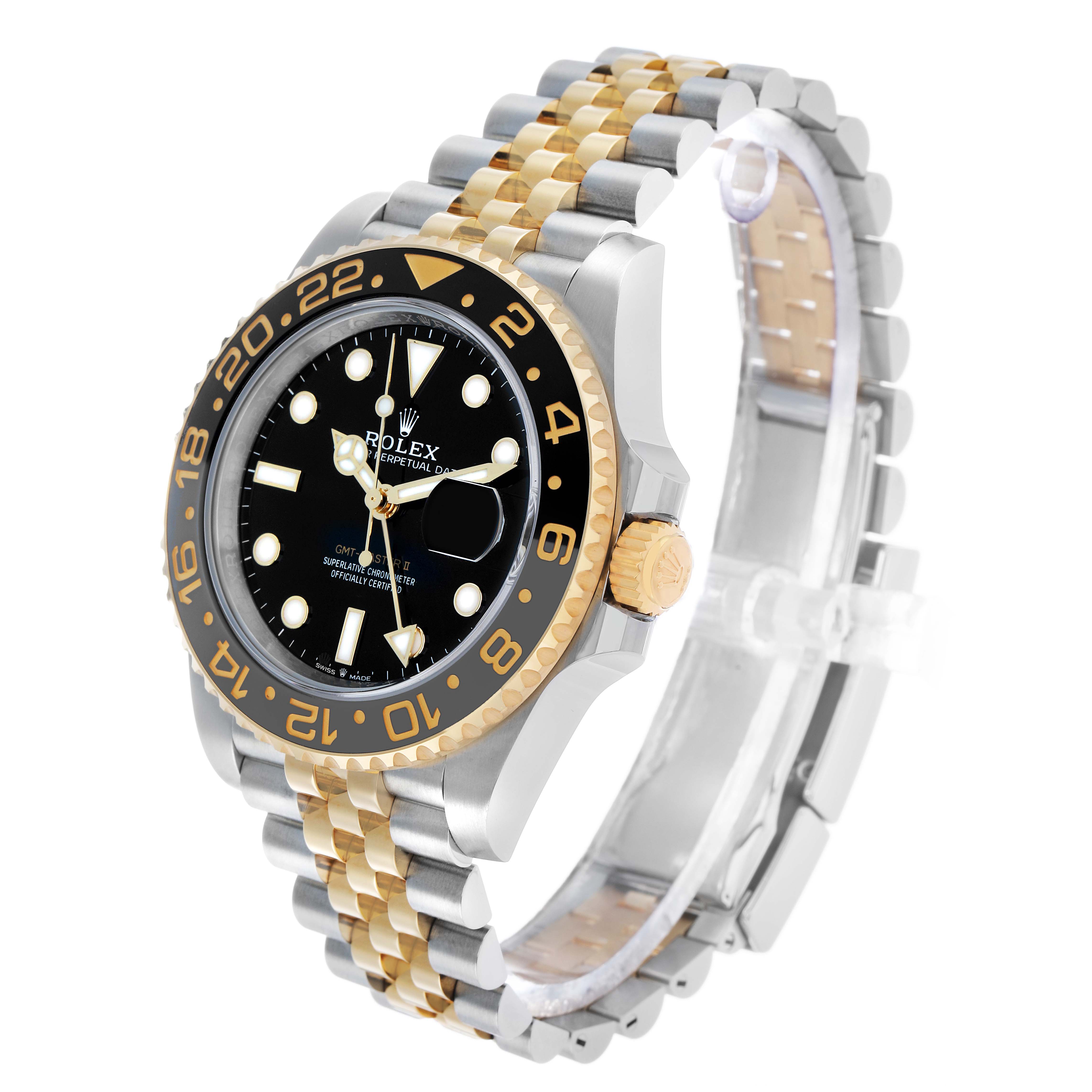The Rolex GMT-Master 126713 Men's Steel and Gold (two tone) Black Dial watch is shown at a three-quarter angle, highlighting the bezel, dial, case, and two-tone Jubilee bracelet.