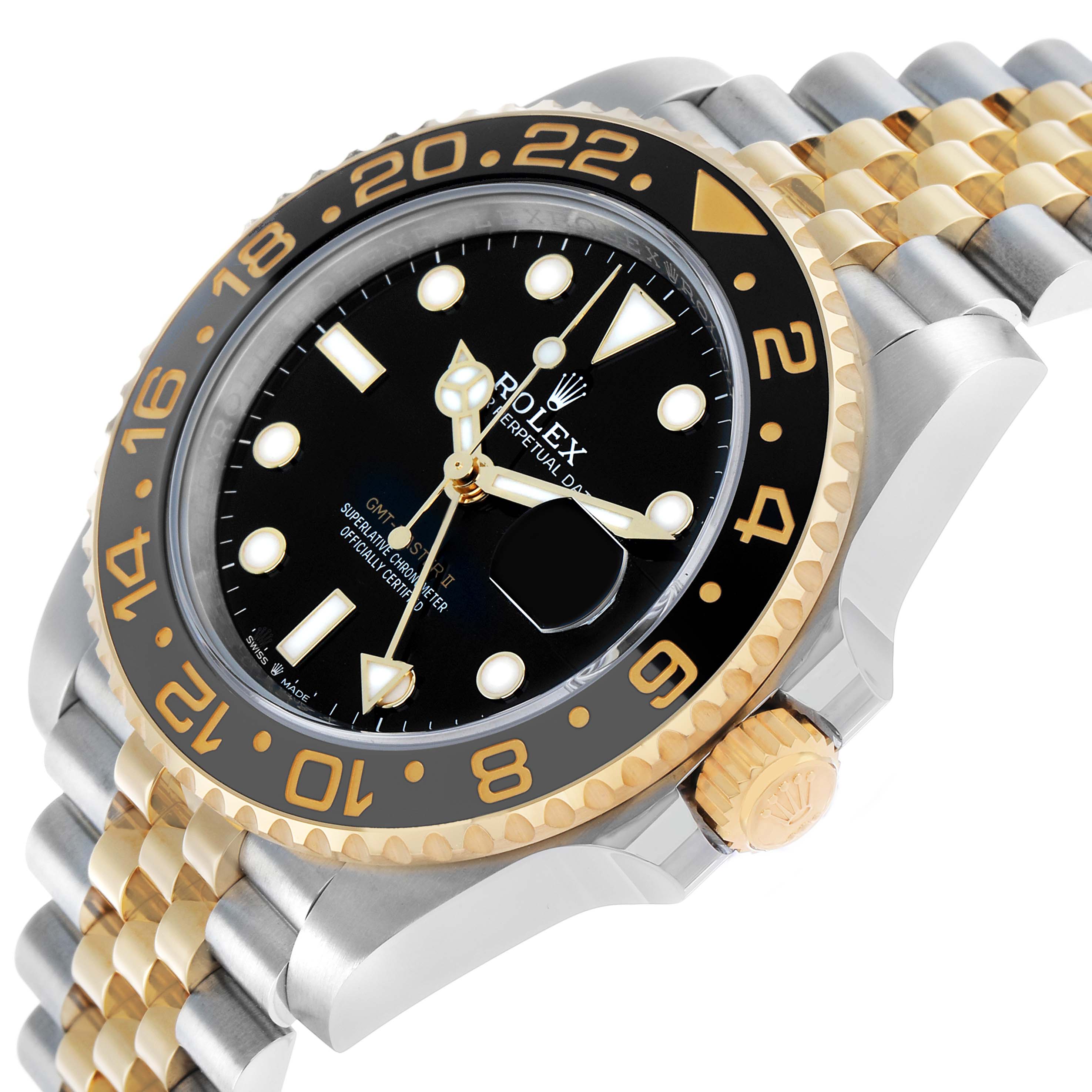 The Rolex GMT-Master 126713 Men's Steel and Gold (two tone) Black Dial watch is shown at an angled view highlighting the bezel, watch face, crown, and bracelet.