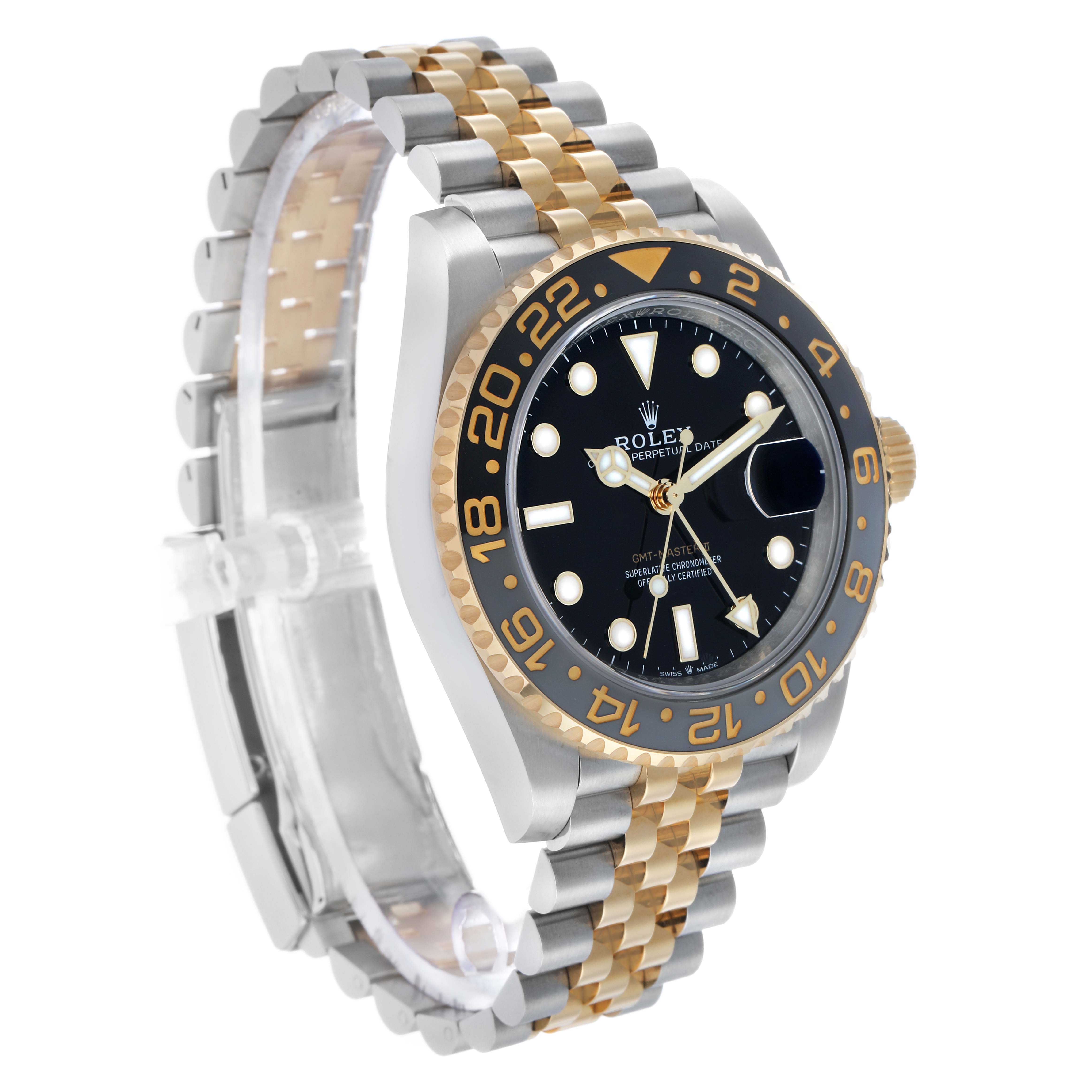 The Rolex GMT-Master 126713 Men's Steel and Gold (two tone) Black Dial watch is shown at an angled side view, highlighting its bezel, dial, and two-tone bracelet.