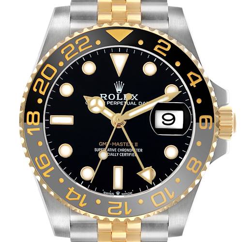 The Rolex GMT-Master 126713 Men's Steel and Gold (two tone) Black Dial II is shown from the front, displaying its black dial, gold bezel, and date window.