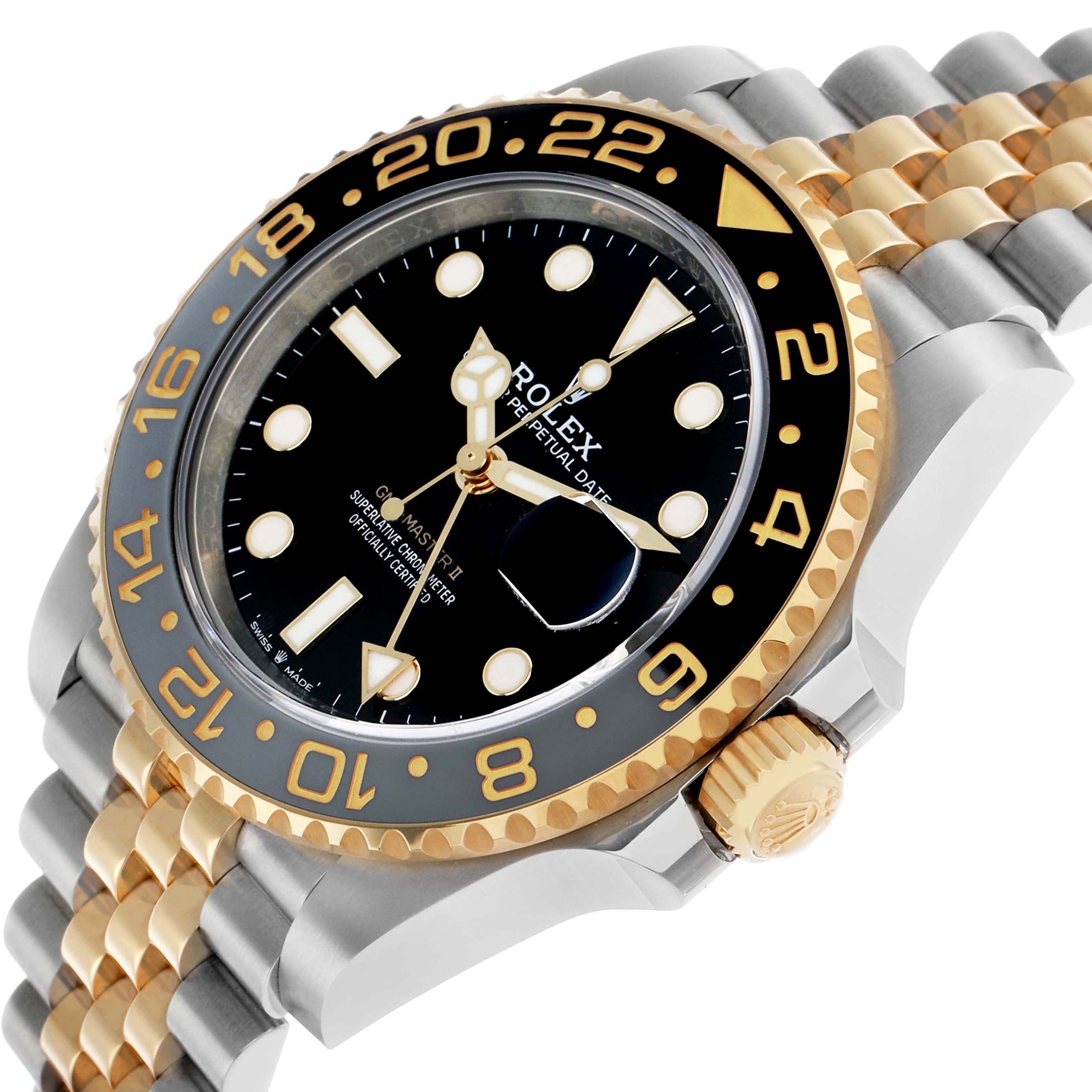 The Rolex GMT-Master 126713 Men's Steel and Gold (two tone) Black Dial watch is shown at a side angle, highlighting the bezel, dial, crown, and two-tone bracelet.