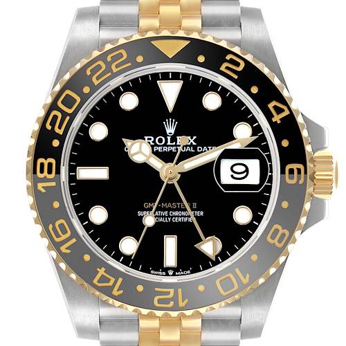 The image shows a Rolex GMT-Master 126713 Men's Steel and Gold (two tone) Black Dial II from a front angle, featuring its bezel, dial, hands, and part of the bracelet.