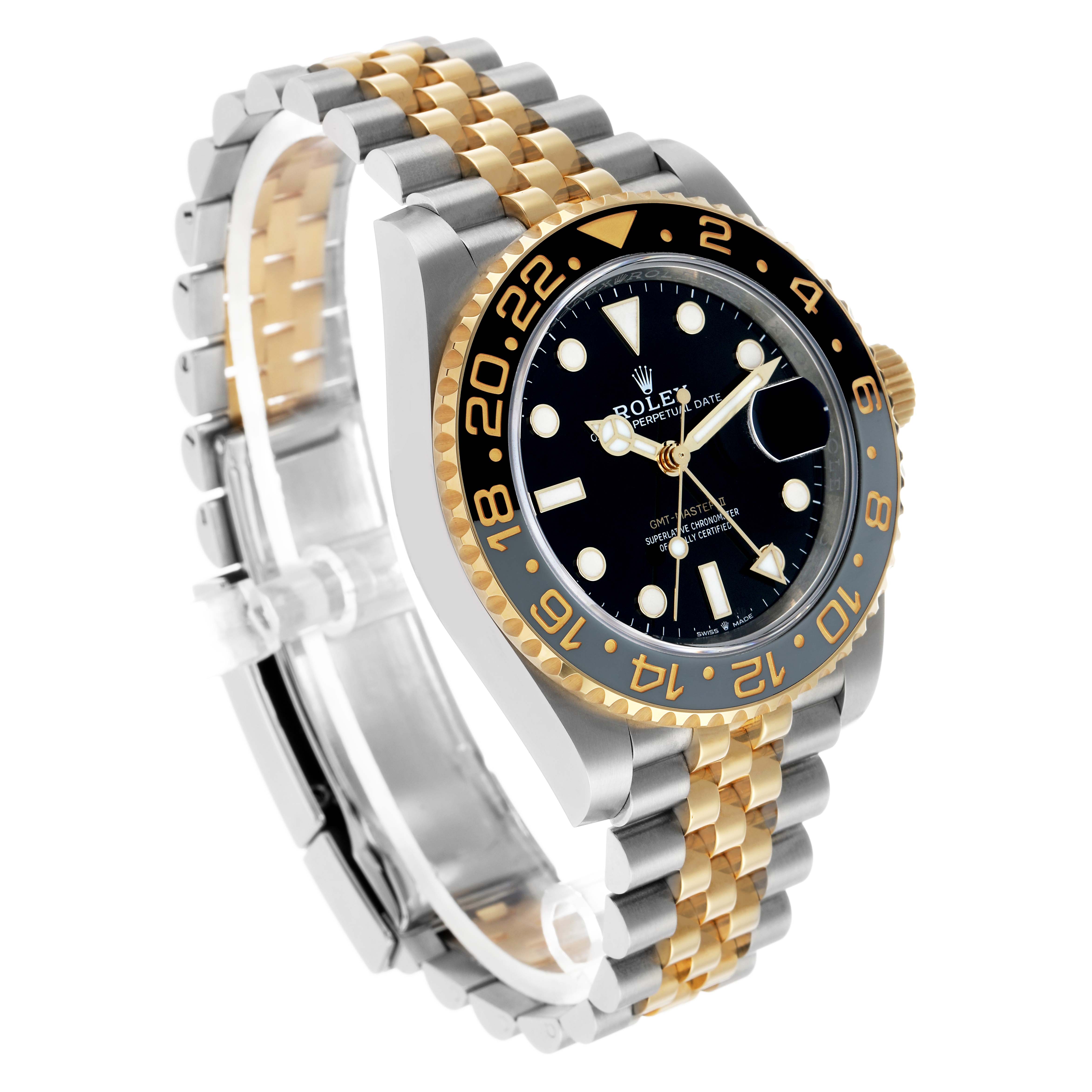 The Rolex GMT-Master 126713 Men's Steel and Gold (two tone) Black Dial watch is shown at a three-quarter angle, highlighting the bezel, dial, and two-tone bracelet.